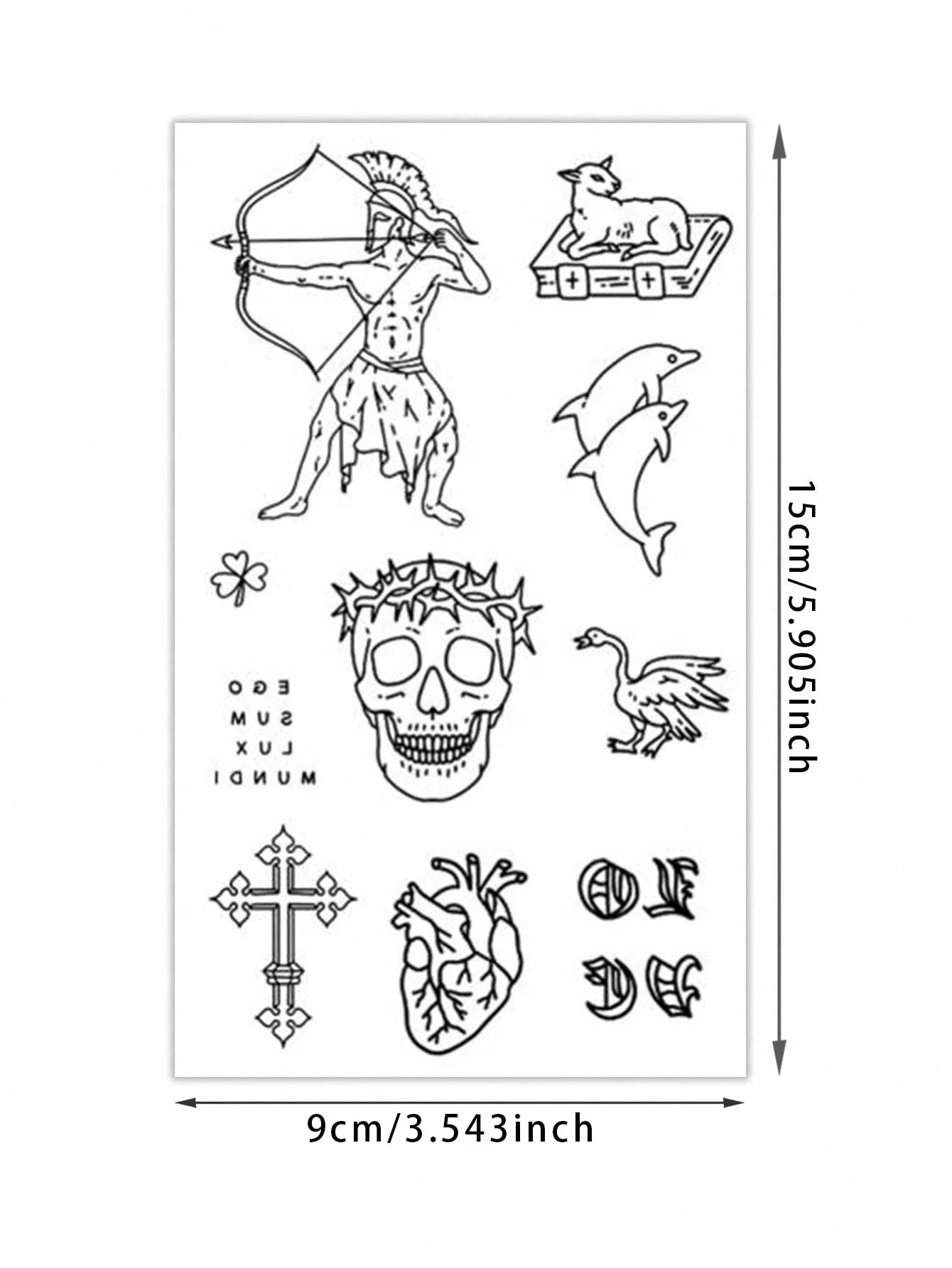1 Pc Men's Old School Outline Temporary Tattoo Stickers, Mixed Gothic Pattern With Spartan Warrior, Thorn Skull, Cross, Real Heart, Dolphin, Lamb & Goose, Waterproof Sweatproof Vintage Body Tattoos Fo