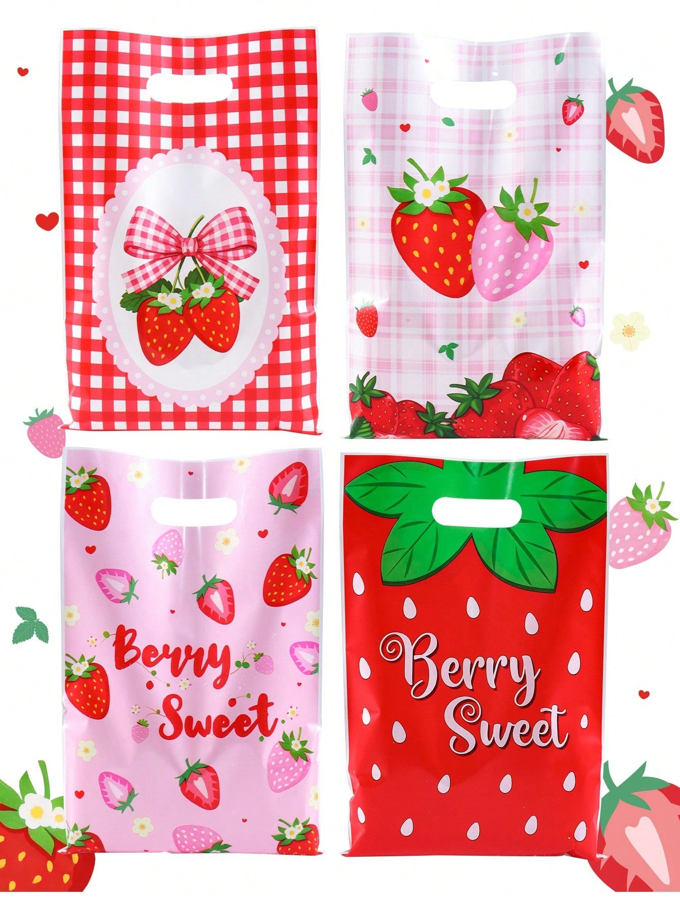 10/20/50pcs Strawberry Gift Bags, Pink Red Plastic Bags With Handles, Bow Print Candy Bags, Party Decoration, Baby Shower