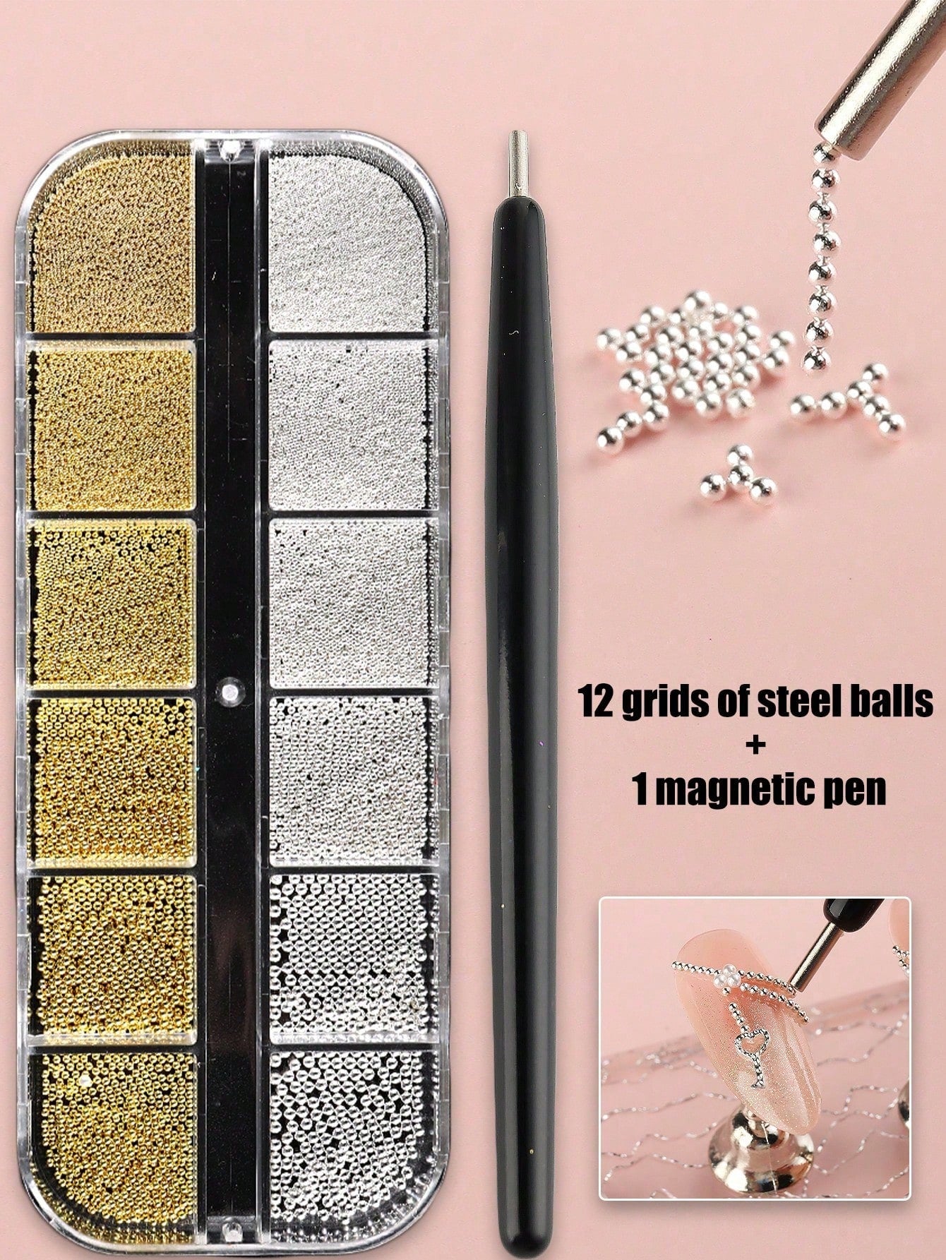 12 Grids/Box Gold Stainless Steel Metal Beads Nail Art Decoration, 3D Mini 1mm Caviar Balls Silver Pendant Faux Pearl Nail Supplies, Nail Jewelry Nails Nail Charms