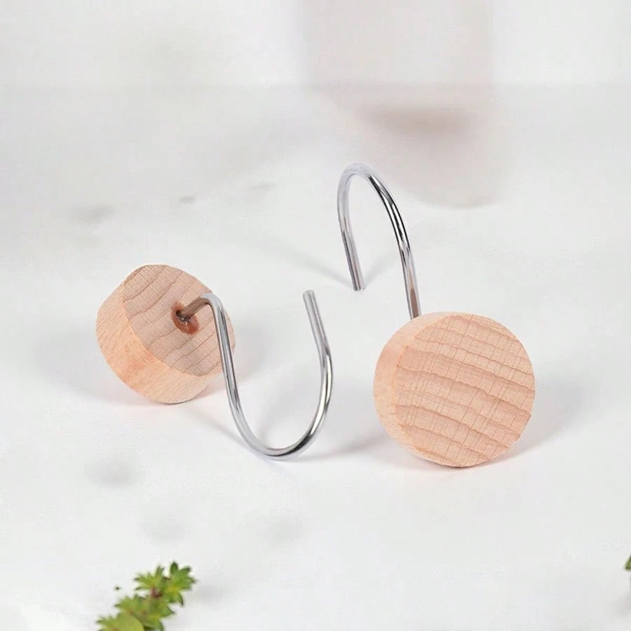 12-Piece Set Of Wooden Shower Curtain Hooks, Decorative Metal Shower Curtain Hooks, Home Accessories, Waterproof And Rust-Free.