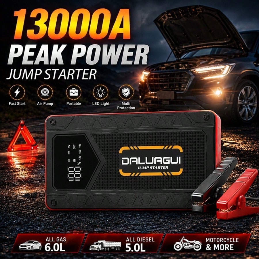 13000A Car Jump Starter, 12V Portable Battery Booster Pack For Up To 3.7 Gallon Gas And 3.17 GallonEngines, With 3-Mode LED Flashlight And Smart Jumper Clamps For Cars Motorcycles SUVs Pickup Trucks
