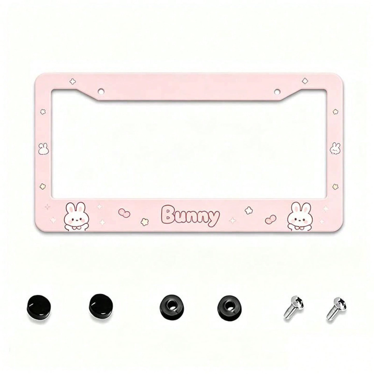 1PC 2D Design, Light Pink Soft And Cute Rabbit Letter Print Border, 12X 6inch Aluminum License Plate Frame, Suitable For All Types Of Standard Vehicle License Plates, Scratch-Resistant, Rust-Proof And