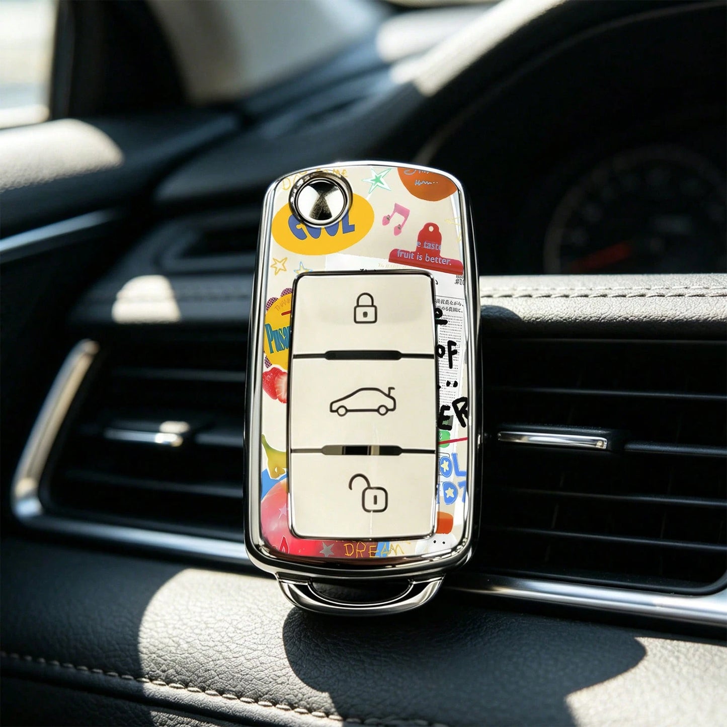 1pc Car Key Case-Chic Print,Suitable For Jetta Mk6, Polo Mk5, Golf Mk6, Tiguan Mk1, Passat B7, Passat NMS, Caddy Mk3, Beetle, Amarok, Touran Mk1. Advanced Soft-Touch, Does Not Block Signal, Unisex.