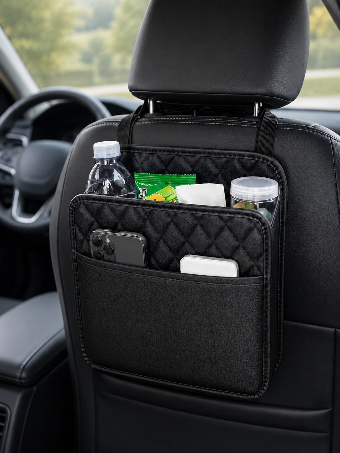 1pc Faux Leather Car Seat Back Organizer- Large Capacity, Durable And Easy To Clean; Hanging Storage Bag; Can Store Water Bottles, Snacks And Phones- Suitable For All Car Models; Car Organizer Bag