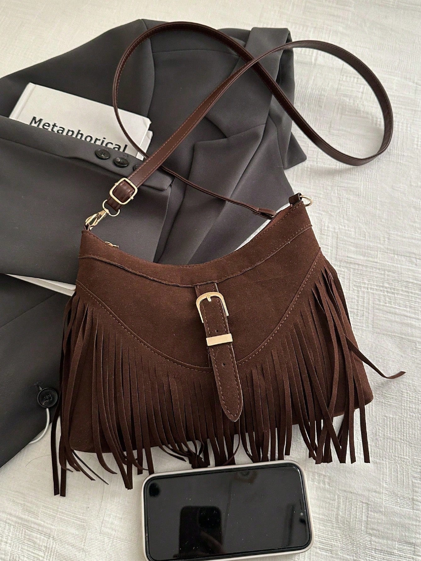 1pc Fringed Decor Solid Color Suede/PU Leather Crossbody Bag, For Women Everyday Use