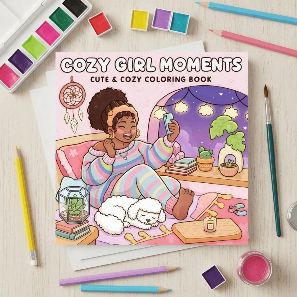 1pc Girls Self-Care Coloring Book, 24 Pages Of Cozy And Comfortable Coloring, Depicting Girls' Relaxing Activities- Coffee, Music, Plants, Reading And Quiet Moments. Perfect For Teenagers And Girls W