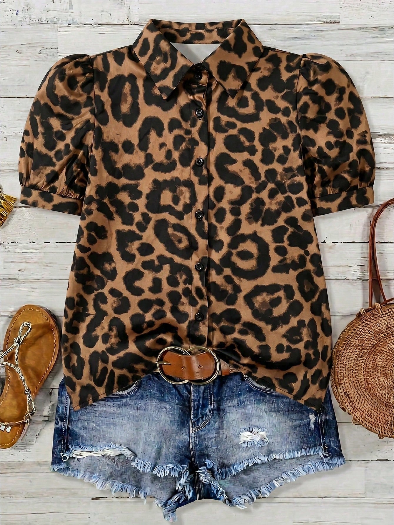 1pc Leopard Print Polyester Blouse, Buttonless, Suitable For Holiday, Office, Home, Birthday Party, Spring & Autumn Vacation Summer