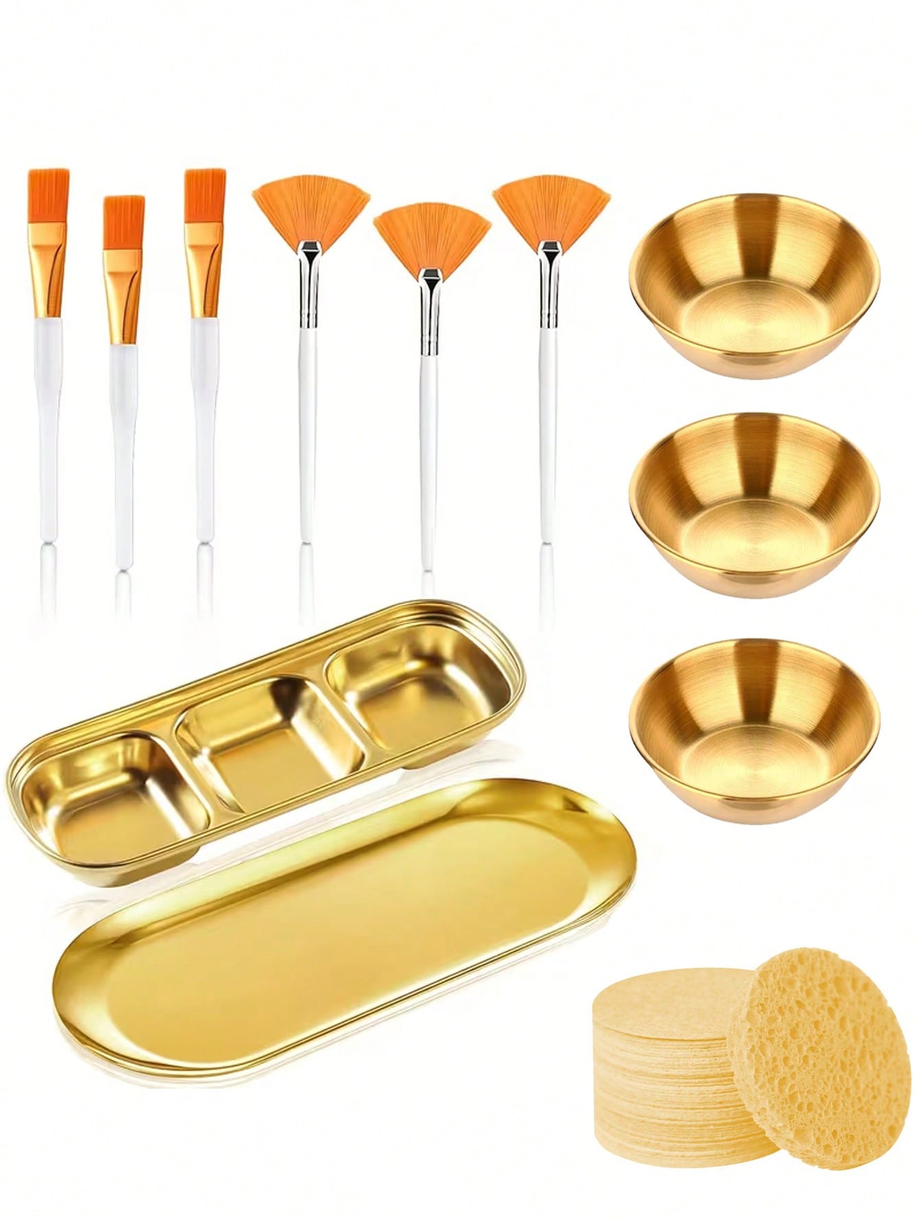 2/3/8/9/10/11/21pcs Facial Beauty Spa Care Tool Set, Stainless Steel Gold Mixing Bowl, DIY Accessories, Gold Tray, Divided Gold Tray, Face Fan Brush, Face Mask Brush, Facial Cleansing Compressed Round