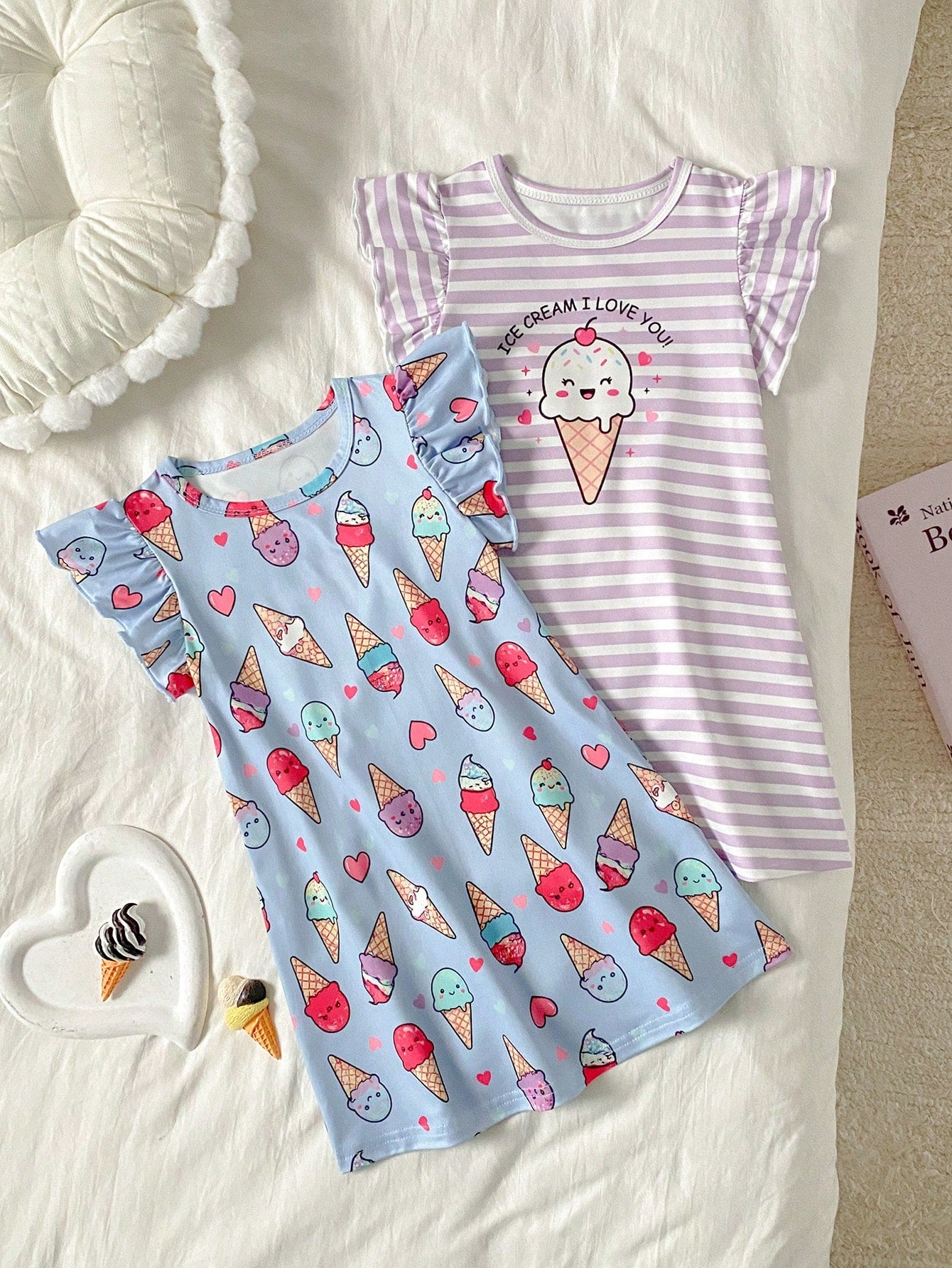 2-Piece Baby Girls Toddler Summer Light Blue Cute Cartoon Ice Cream & Purple Striped Nightgown Set,Short Flutter Sleeve Holiday Sleepwear Loungewear