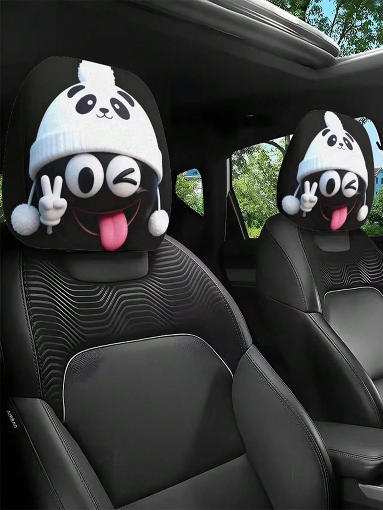 2 Sets Of Funny And Quirky White Smiling Face Hat-Printed Car Headrest Covers, Fashionable And Amusing Car Interior Accessories. They Are Free Of Filling Materials, Easy To Install And Clean. Suitable