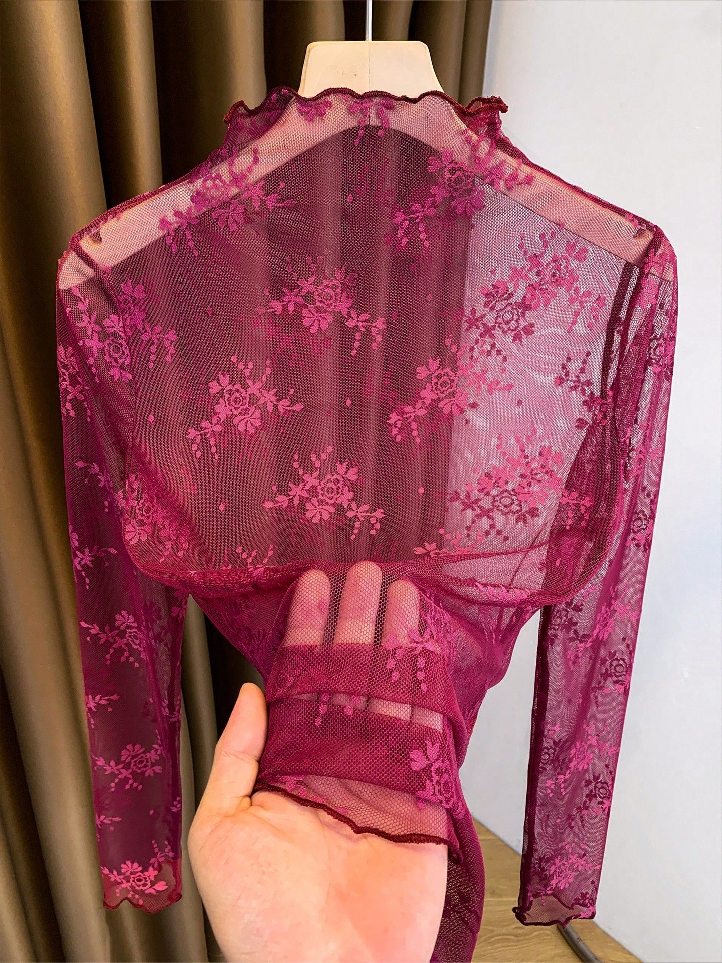 2025 New High Neck Lace Layered Mesh Sheer Blouse, Long Sleeve Thin Gauze Undershirt For Spring, Summer & Autumn Casual