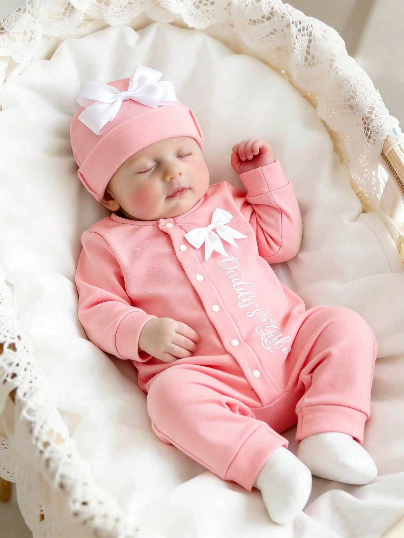 2Pcs Set Newborn Baby Girl Photography Romper Embroidery Jumpsuit With Ribbon Bowknot Hat Pink Autumn Funny Graphic Family Matching Christening Outfit