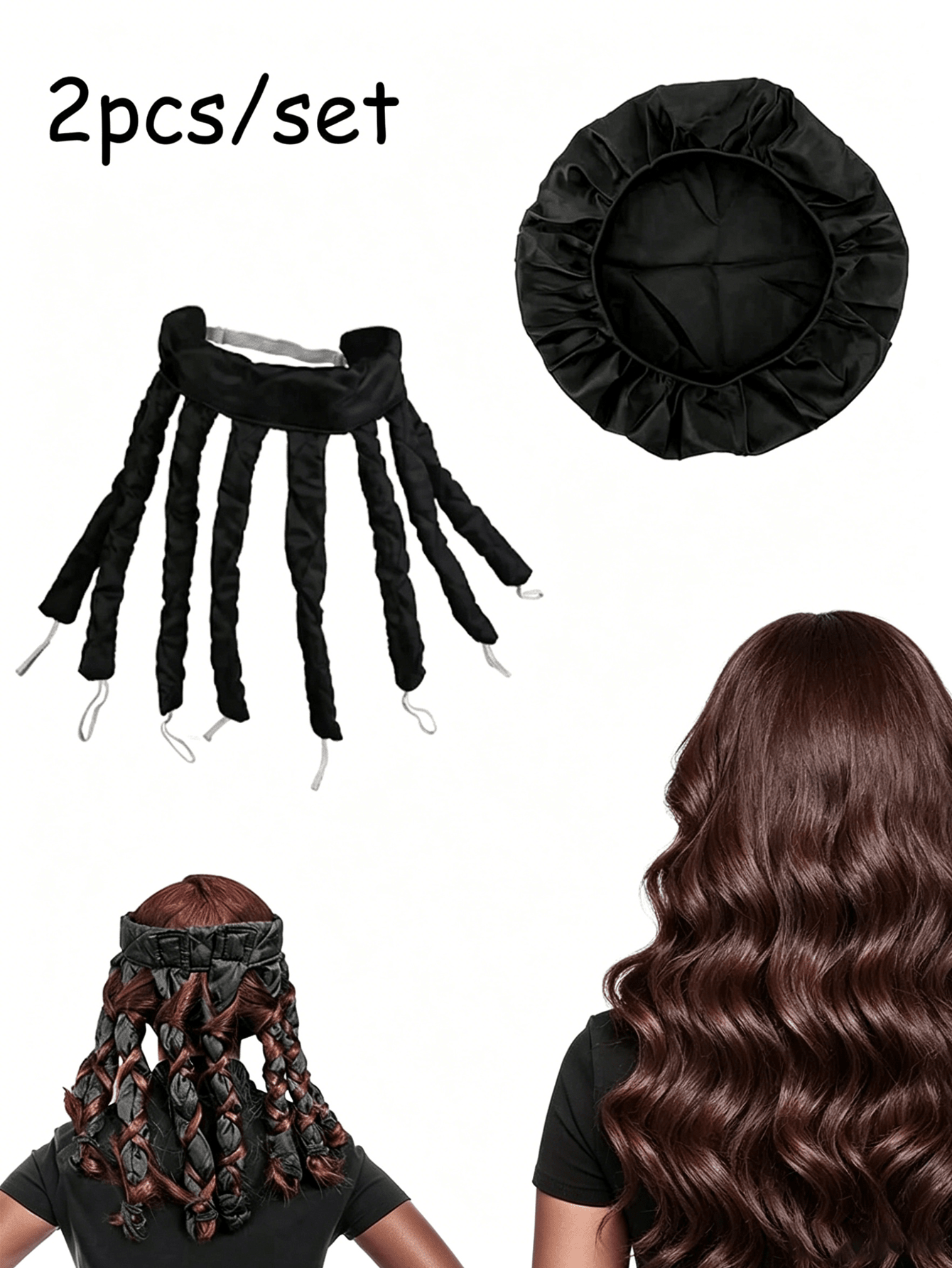 2pcs Set: Satin Heatless Hair Curler With Adjustable Headband, No Heat Required For Overnight Curls, Suitable For Women And Girls To Create Wavy Hairstyles; Extra Large Satin Sleep Cap, Sleep Cap, Lar