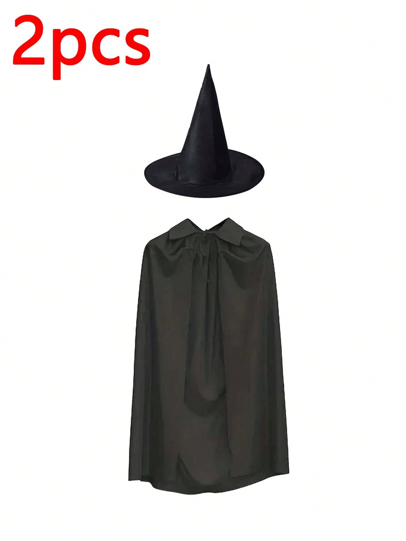 2pcsHalloween Witch Cape And Hat Set, Black Cape With Pointy Hat, Single Layer, Suitable For Halloween Themed Parties And Events