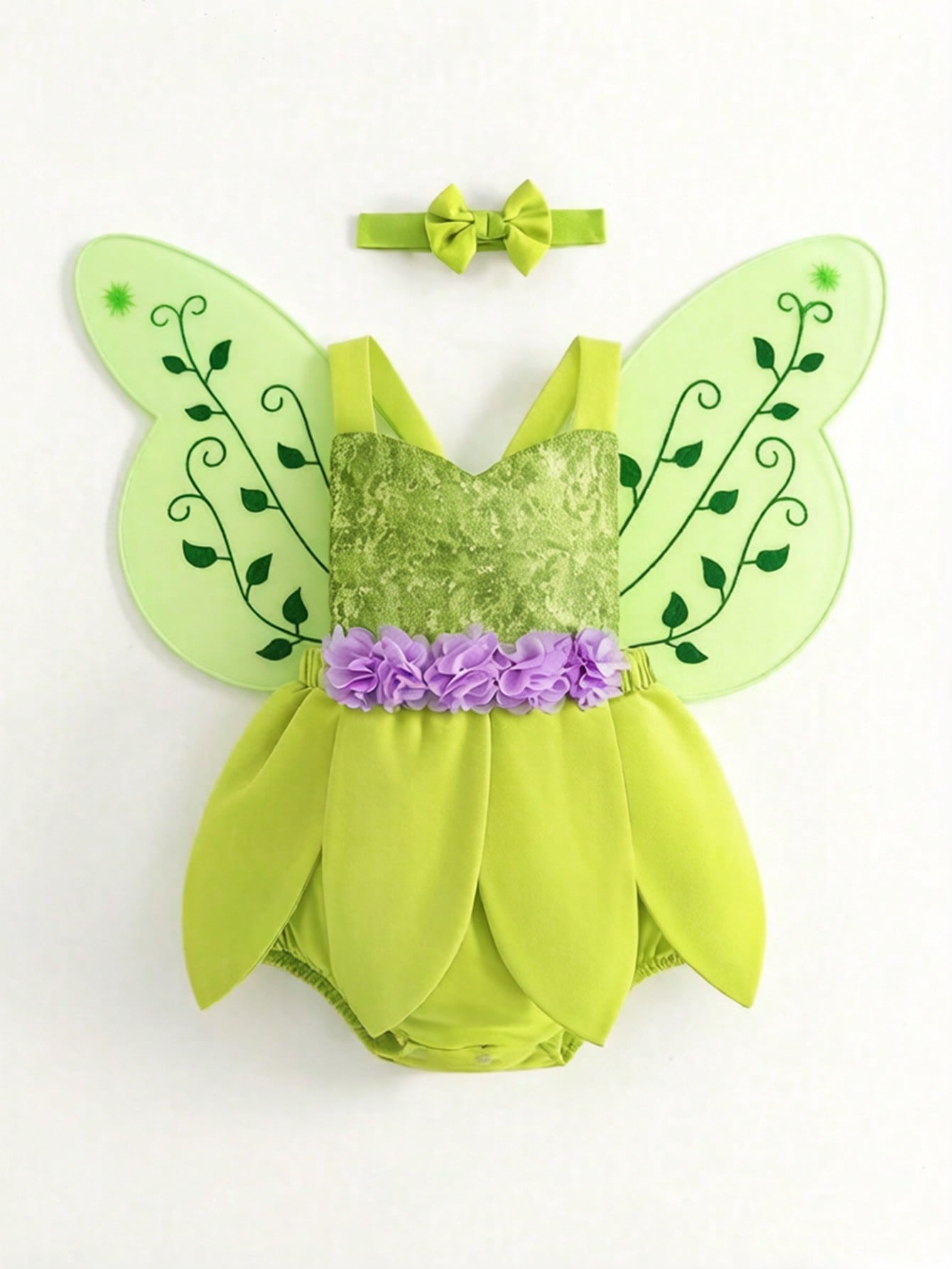 3pcs/Set Baby Girl Sequin Lime Green Bodysuit With Wings And Headband Birthday Party Summer Fairy Faerie