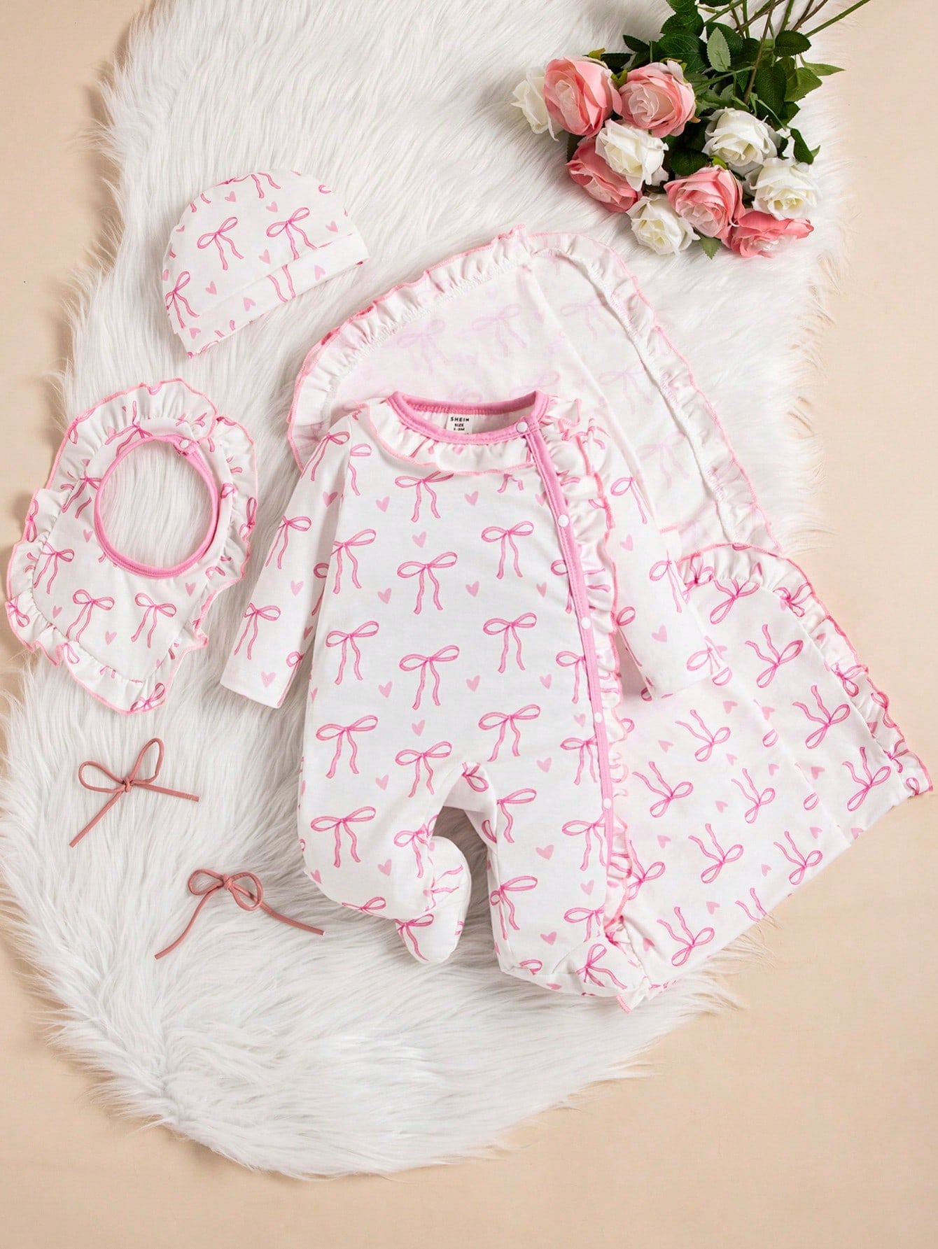 3pcs/Set Infant Baby Girls' Butterfly Print White Casual Long Sleeve Sleepwear With Romper, Hat And Bib Outfit Clothes