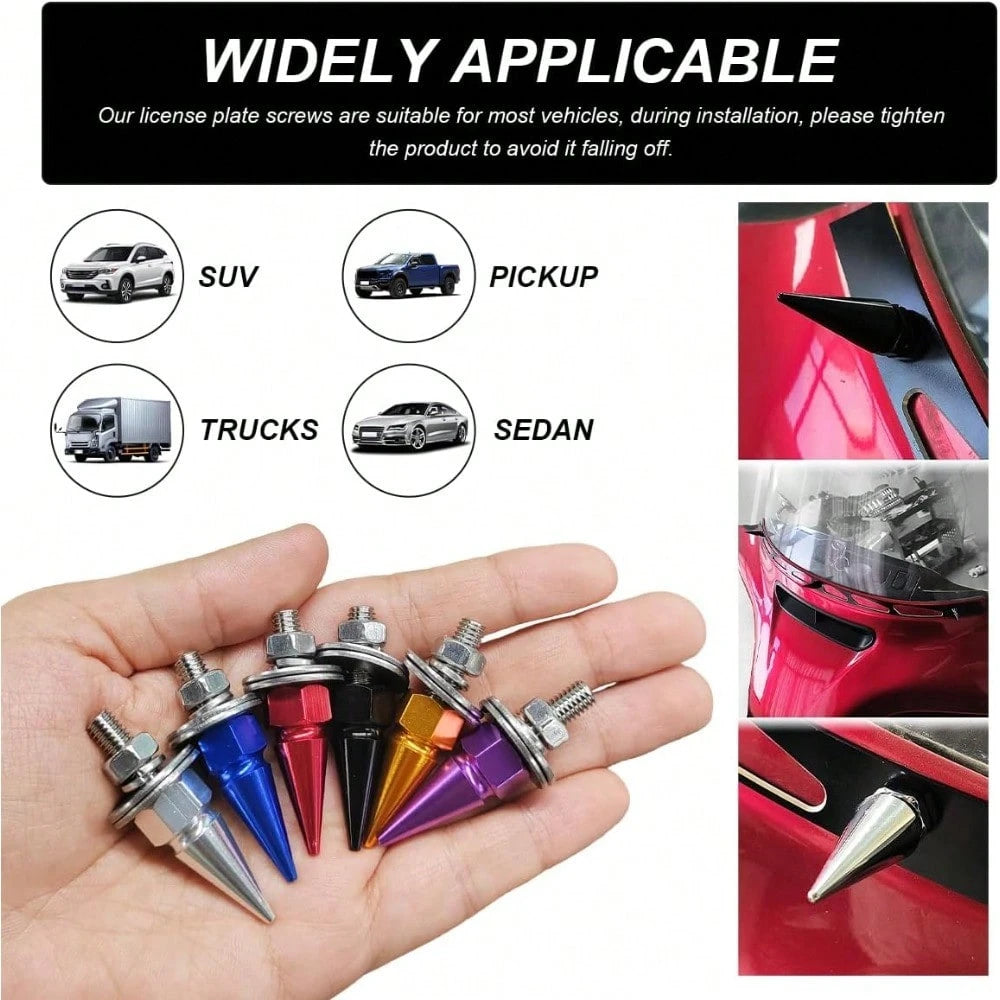4 PCS Spikes License Plate Screws For Car, Anti Theft Spike Shape Aluminum Car Plate Frame Fastenings Bolt, Cool Licence Plate Screw Set For Car Truck Motorcycle, Car Accessories (Silver)