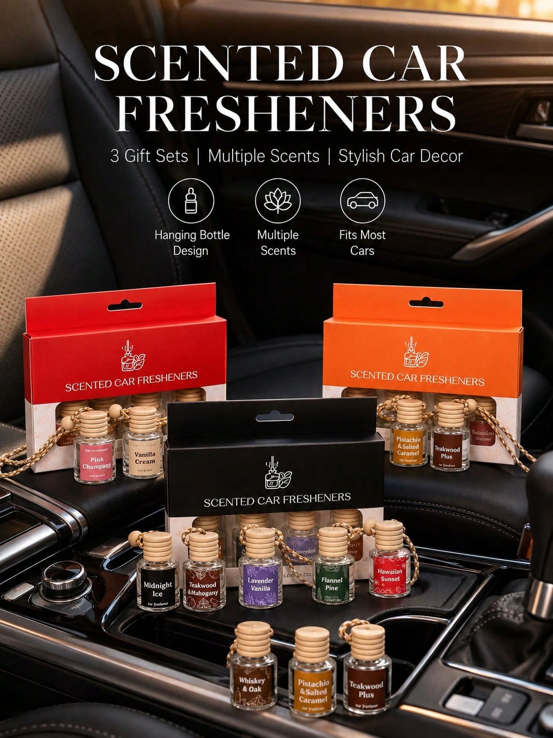 4pcs Hanging Car Air Freshener Gift Set, Luxury Car Air Freshener Pendant, Long-Lasting Scent Essential Oil Deodorizer, Cute Car Decor, Suitable For Women, Men, RV, Fashionable Car Interior Decoration