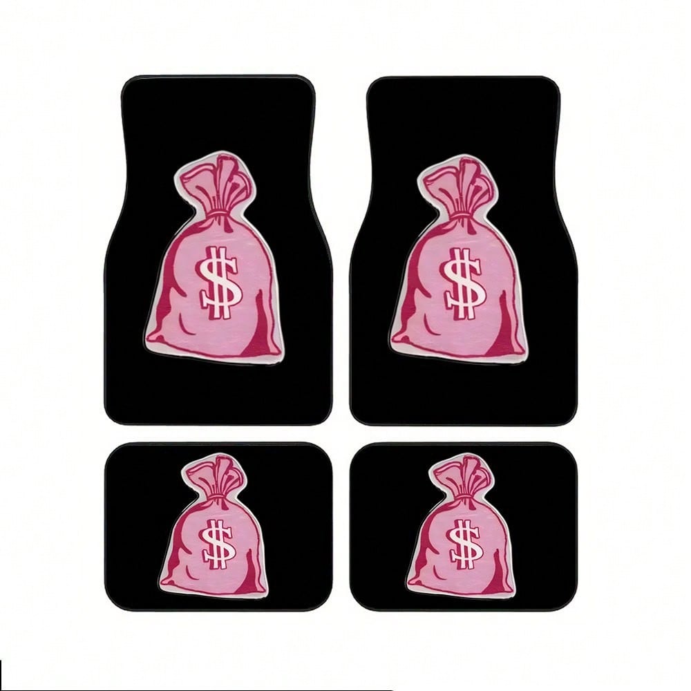 4pcs Pink Dollar Bag Pattern Car Floor Mat Set- Non-Slip, Durable Polyester, Suitable For Most Sedans And SUVs, Interior Upgrade- Perfect Gift For Men And Women