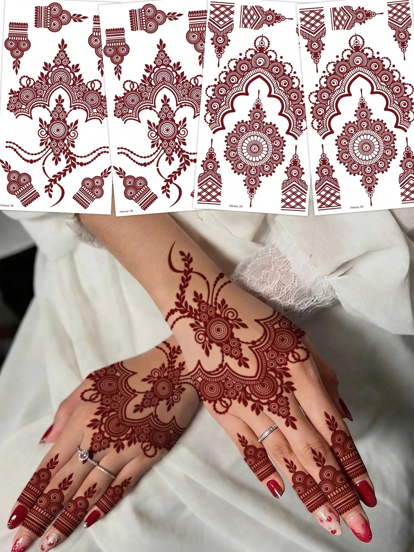 4pcs Sensual Hand Flower Design Tattoos In Brown, Red, Chestnut Colors For Finger, Nail, Body Art, Suitable For Wedding, Party