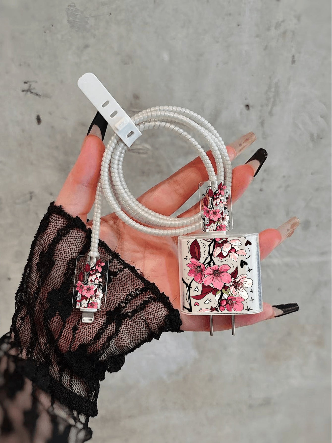 5pcs Charger Protective Case Set, Rose Flower Pattern, Includes Data Cable Storage Accessories, 20W/18W Charging Adapter And Adapter Head Cover, Compatible With Apple 11/12/13/14/15/16/13 Promax/16 Pr