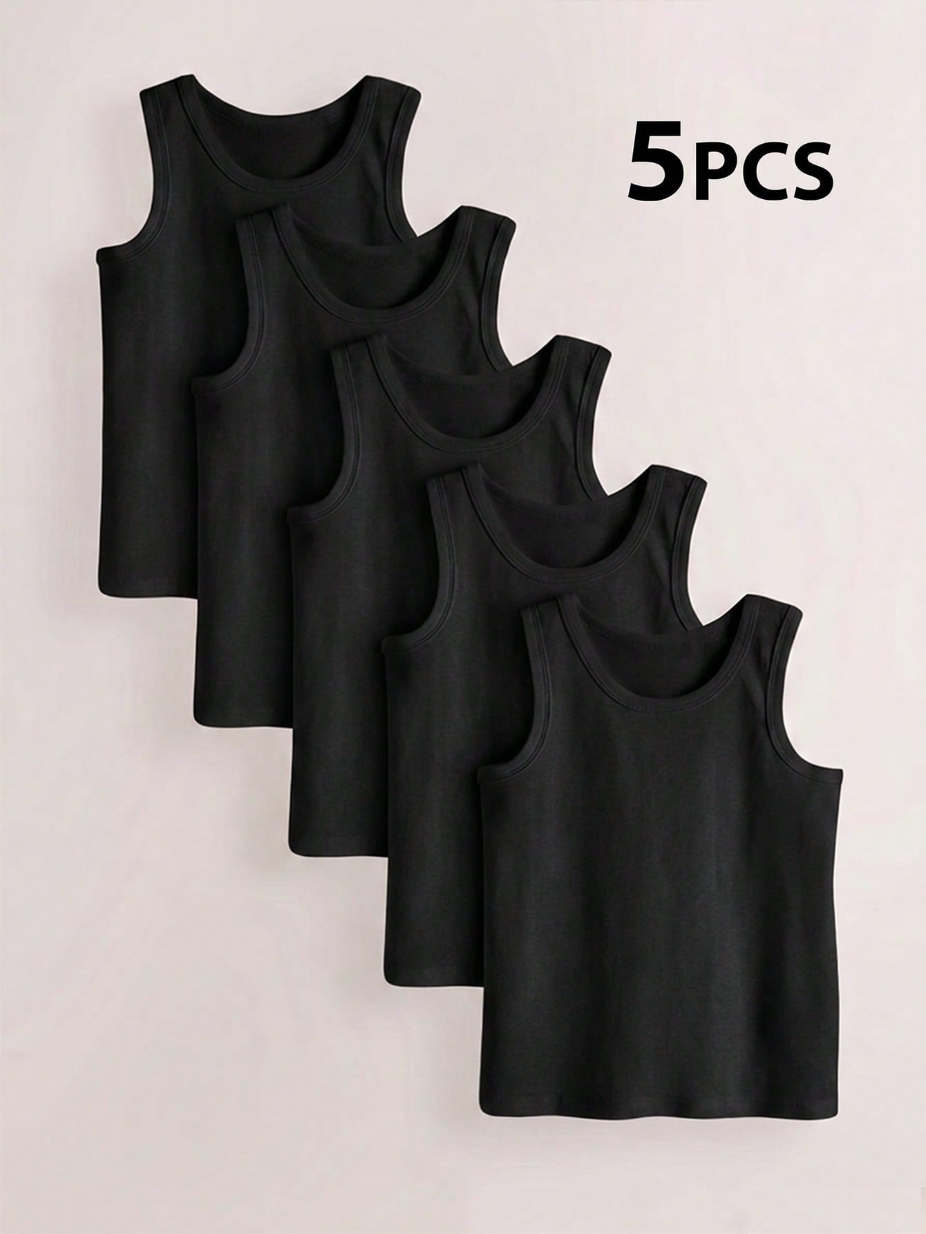 5pcs/Pack Boys Toddler Minimalist Style Black Solid Color Round Neck Sleeveless Lightweight Soft Knit Undershirts, Suitable For All-Season Casual Wear. This Comfortable Skin-Friendly Material Ba