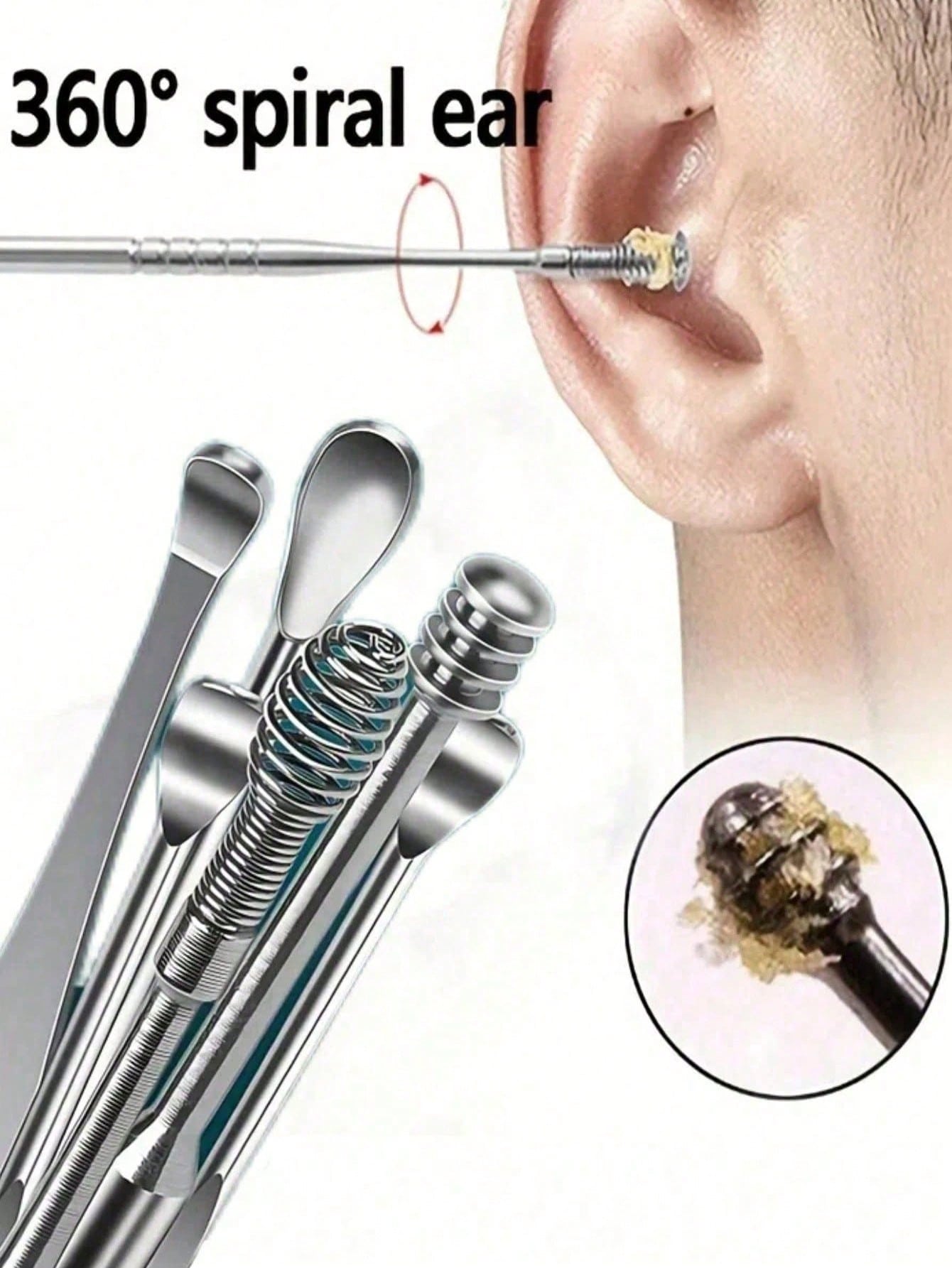 6/1pc Portable Leather Ear Wax Removal Kit, Includes Ear Spoon, Spiral Spring Ear Cleaner, Travel Size Ear Pick Set, New Stainless Steel Spiral Design, For Adults, No Battery Required, No Power Needed