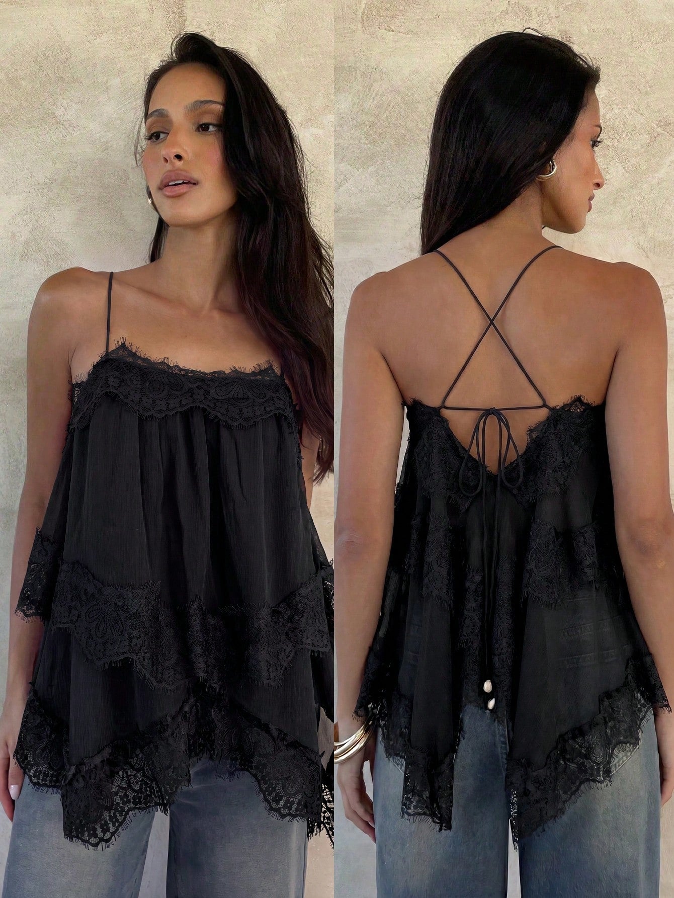 Aloruh Women's Elegant Sexy Chiffon Ruched Lace Patchwork Back Tie Solid Black Camisole Tank Top Night Out Summer