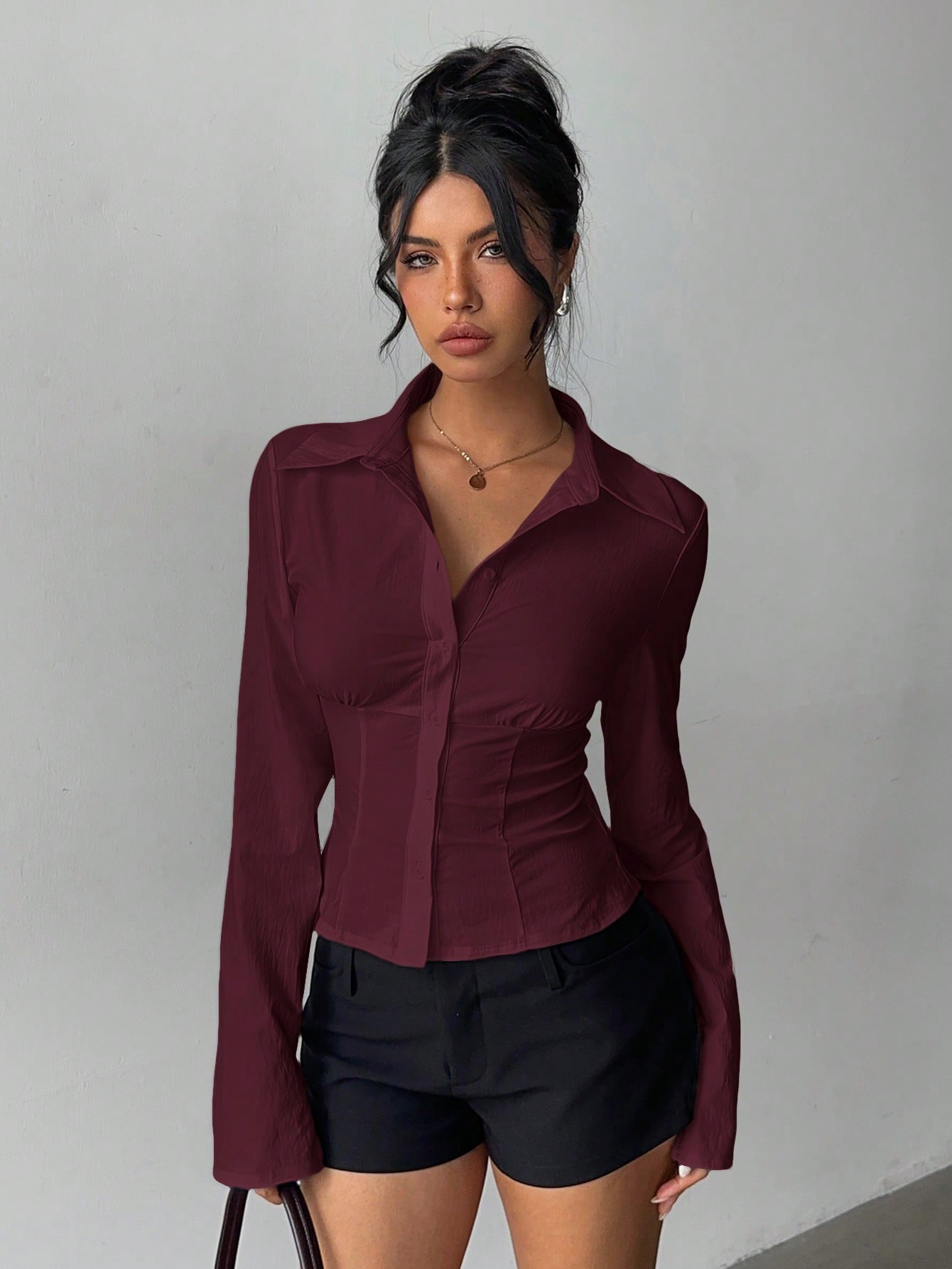 Aloruh Women's Elegant Versatile Pleated Waist Long Sleeve Shirt,Solid Color Burgundy Autumn Office Tops,Daily Wear Commuting Fall Winter Clothes For Women