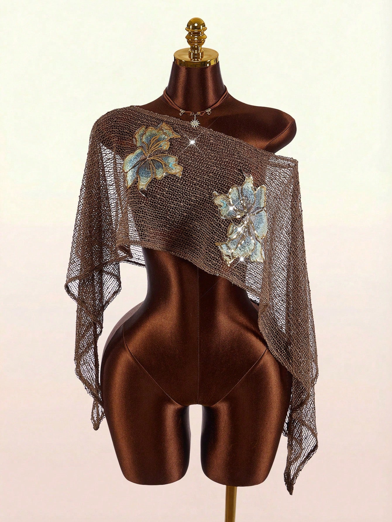 Amplova Women's Floral Metallic Thread Sheer Shoulder Top,Summer Top
