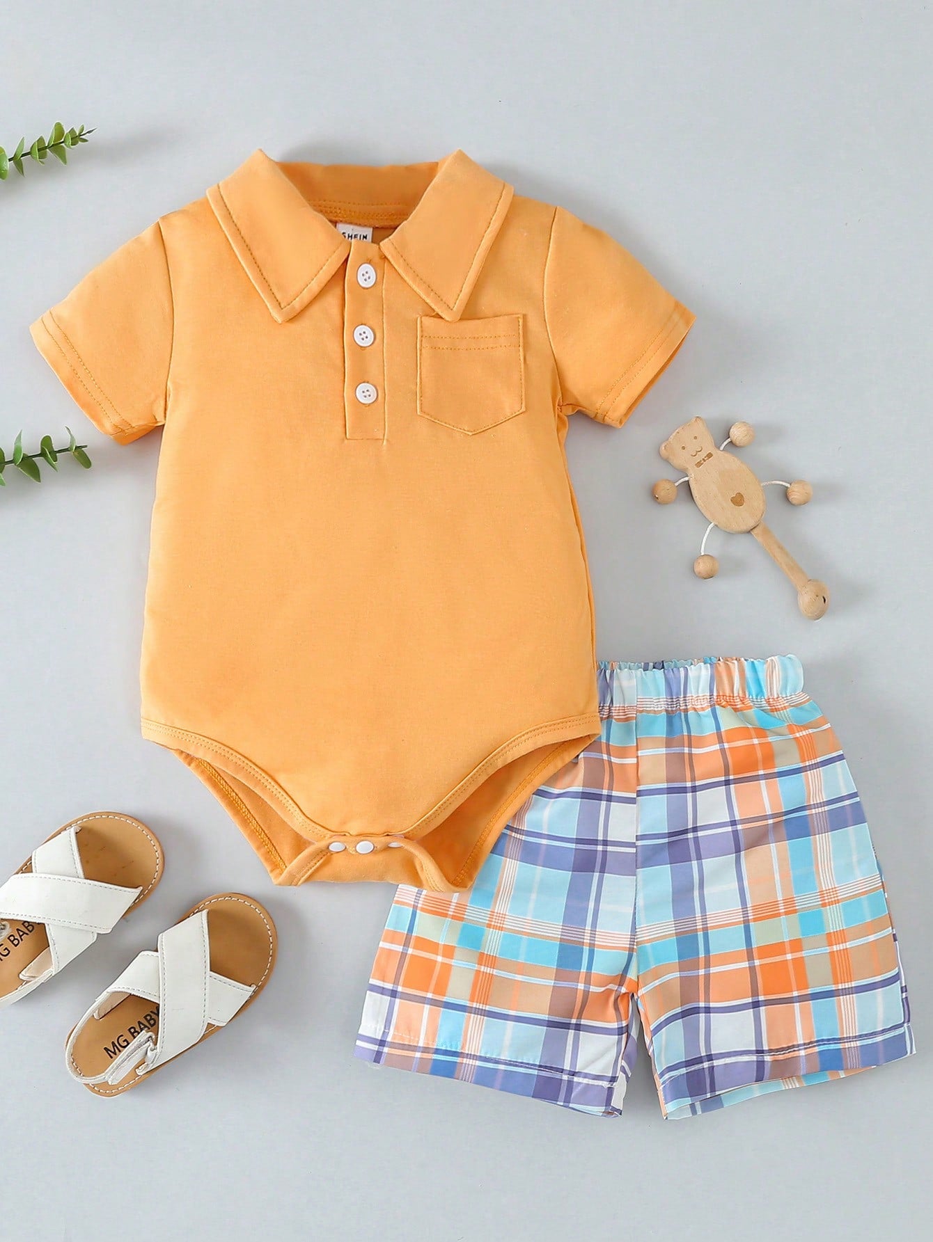 Baby Boy Solid Color Short Sleeve Bodysuit With Pocket Shirt Collar And Plaid Shorts Set, Spring/Summer Casual Outfit