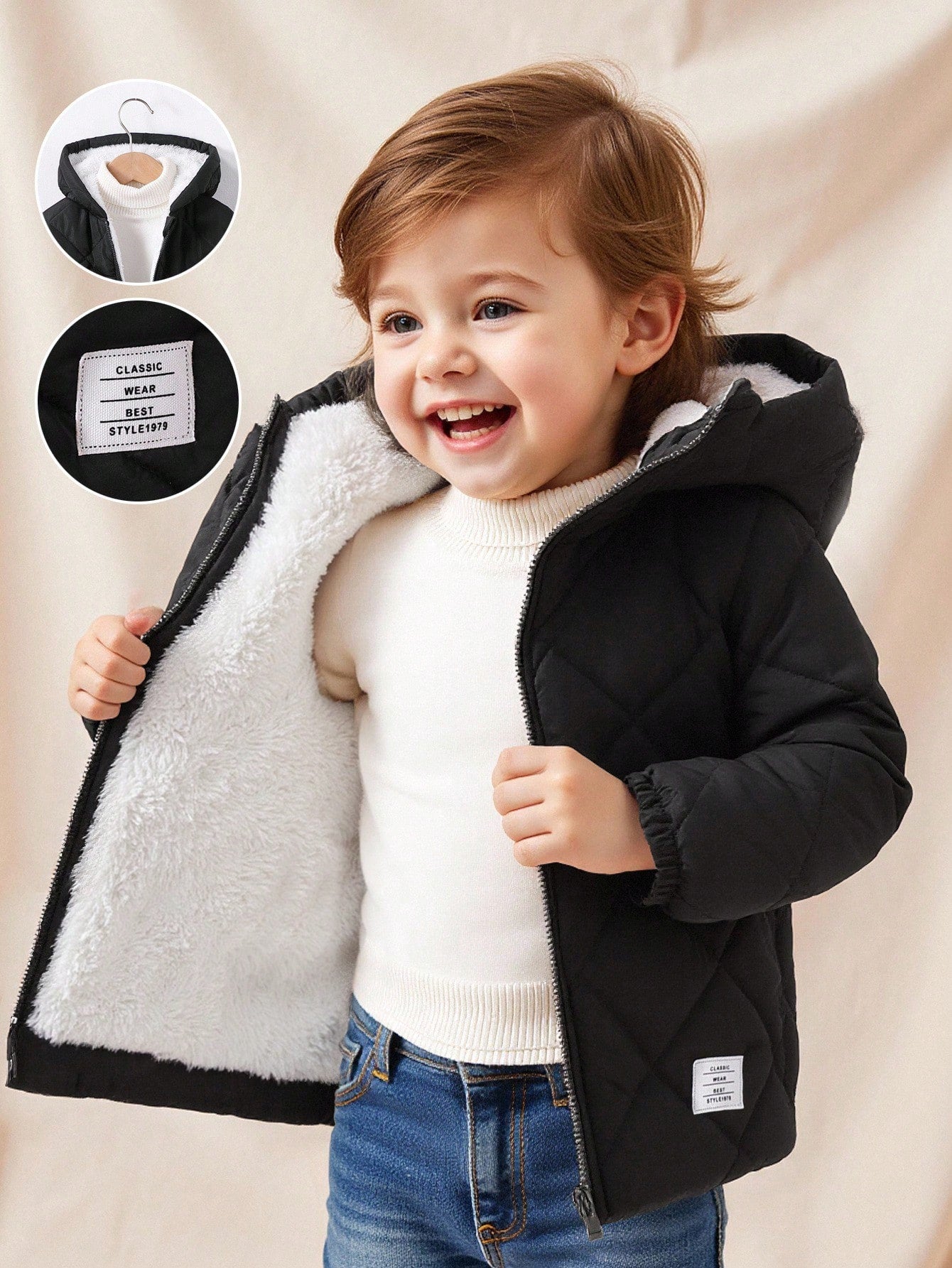 Baby Boy Warm Quilted Hooded Padded Coat,Black Winter Modest Date Casual Fleece Jacket,Zip Up Fall Clothes For Infants And Toddlers