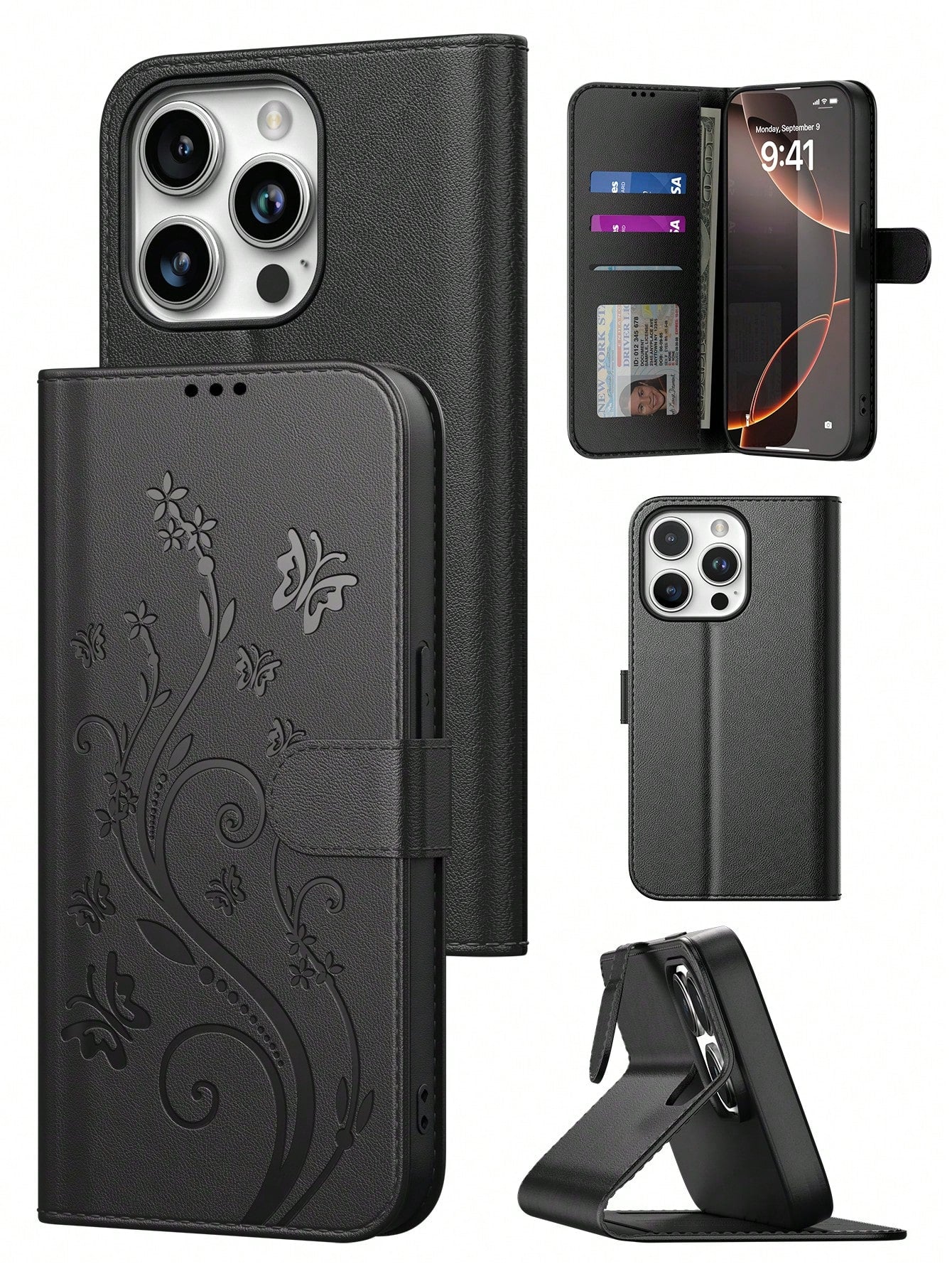 Black Leather Butterfly Shockproof Butterfly Fashion Phone Case Wallet Phone Case Compatible With Iphone 16 Pro Max, Card Holder Phone Case Compatible With Iphone 13, 11, 17 Pro Max, Suitable For Dail