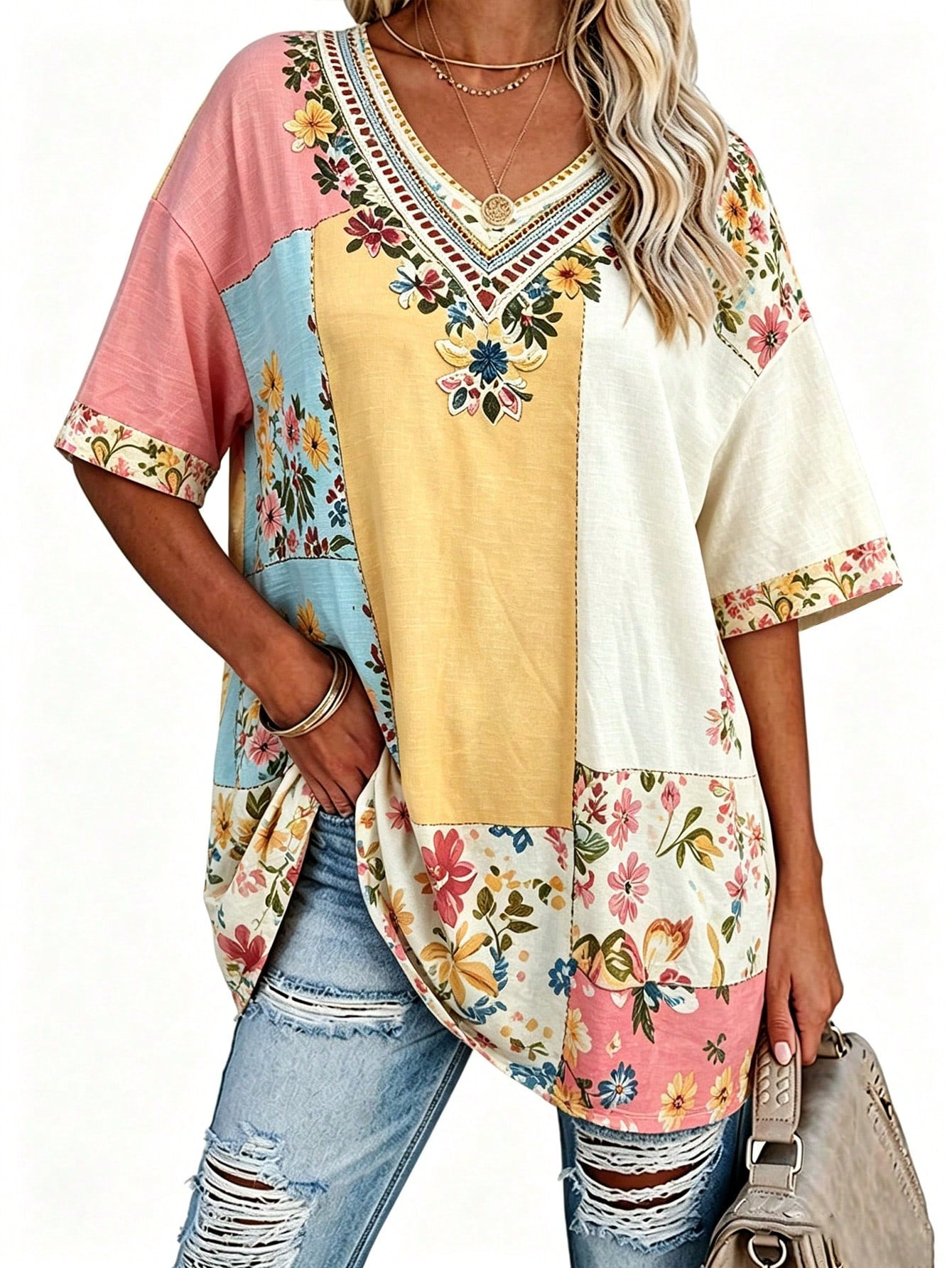 Breezaya Plus Size Solid Half Sleeve T-Shirt, Casual V Neck T-Shirt For Summer, Women's Plus Size Clothing Gr
