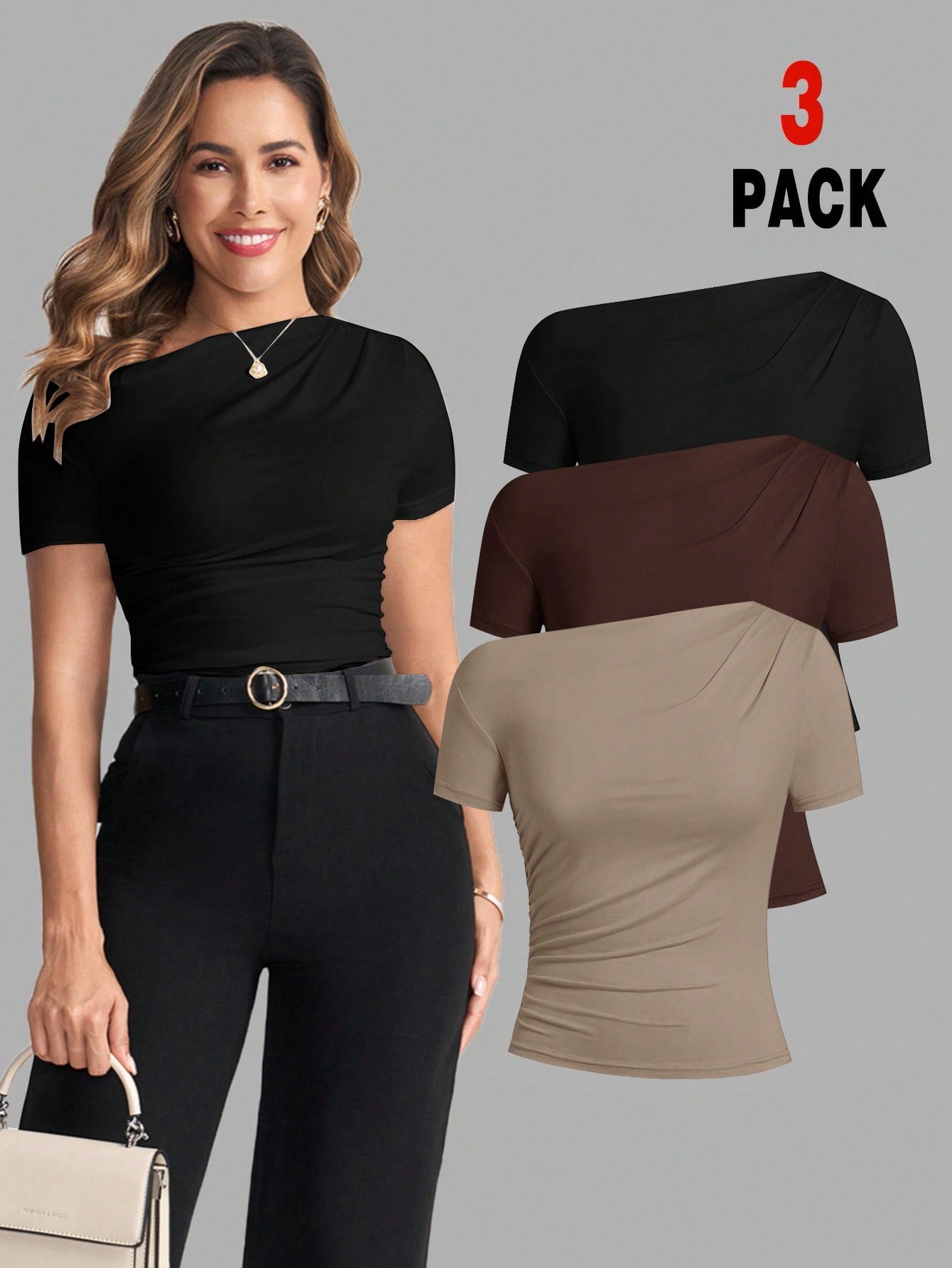 Clasi Women's Solid Color Oblique Shoulder Short Sleeve Fitted Fashion T-Shirt, Summer