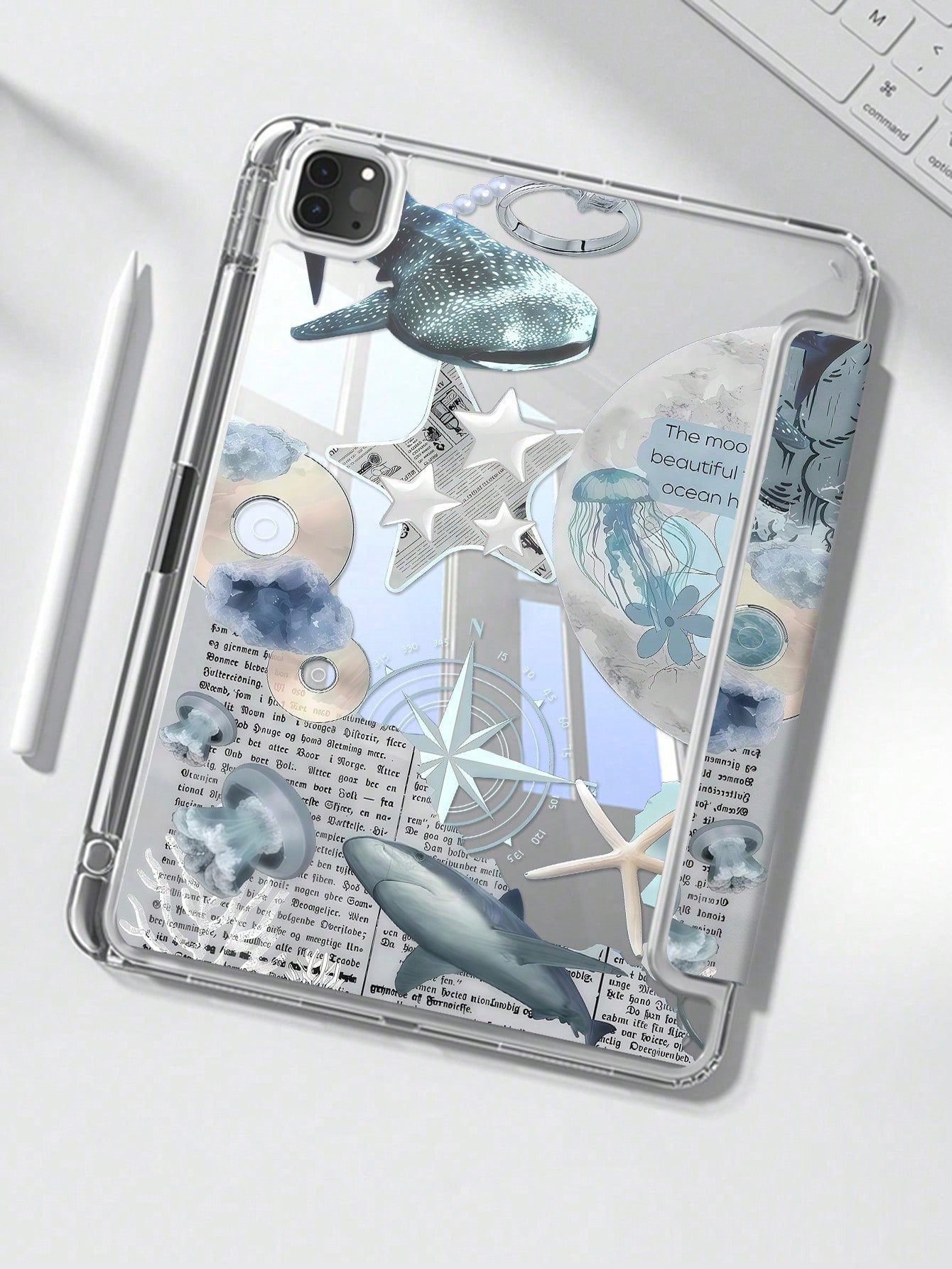 Cute Ocean Element Double-Sided Acrylic Transparent Crystal Back Shockproof Premium Cover Suitable For 7th 8th And 10th Generation 10.2 Inch Whale Shark Starfish Jellyfish Shock-Resistant Built-In Pen