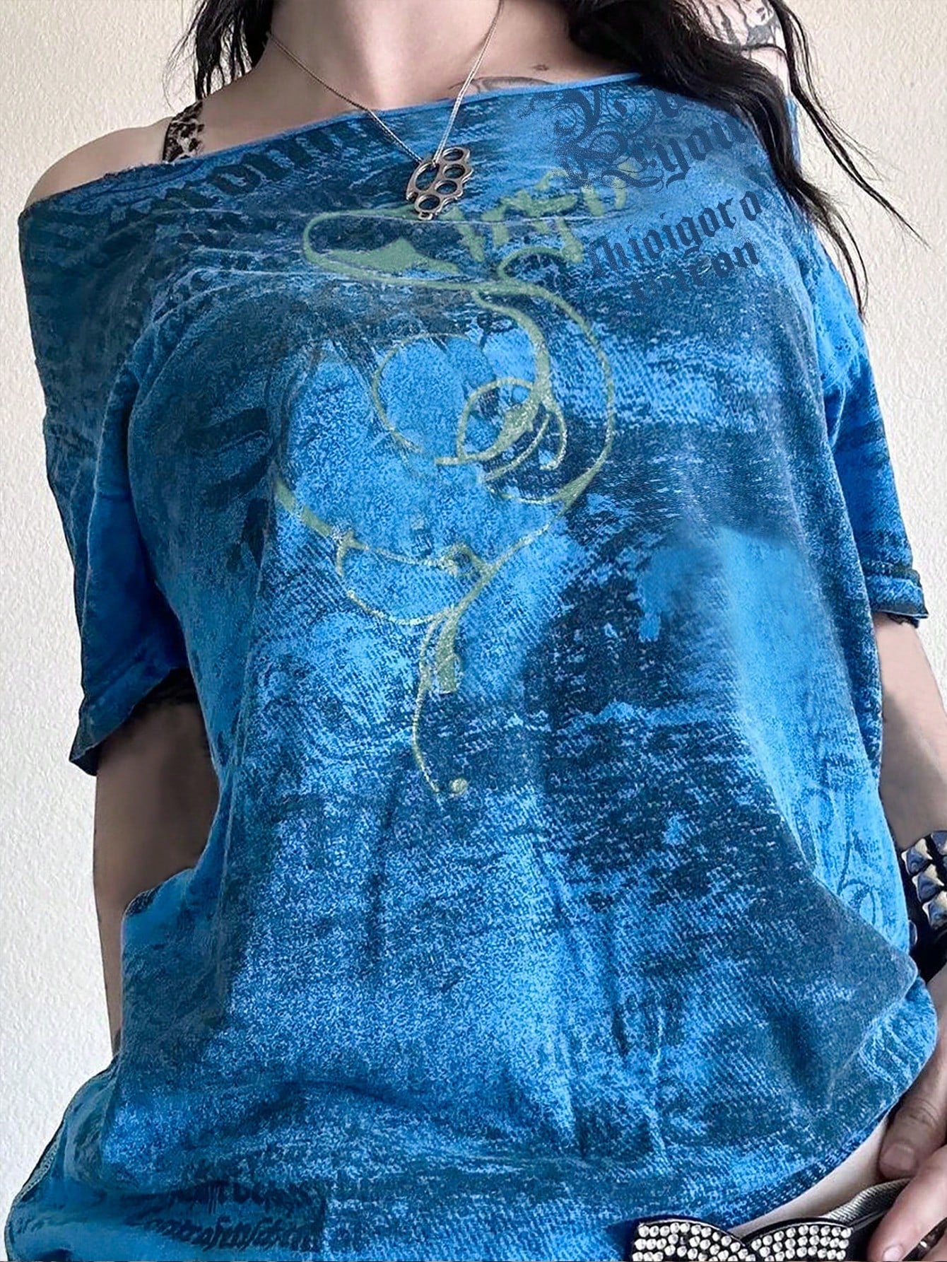 Cyber Y2K Women Street Goth Style Printed Short Sleeve Unique Asymmetric Shoulder Exposed Thin T-Shirt Casual Vacation Summer