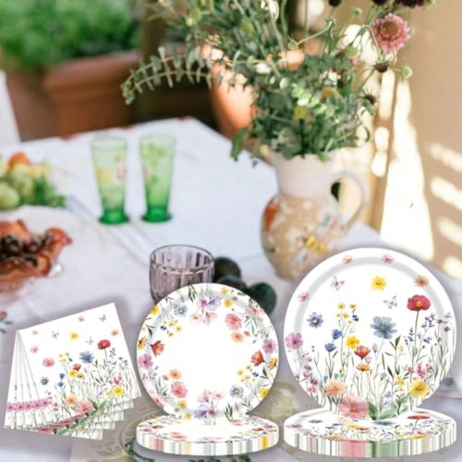 D60 PCS Wildflower Party Plies Flower Paper Plates And Napkins Spring Floral Theme Decoration Tableware For Birthday Baby Shower Wedding Picnic