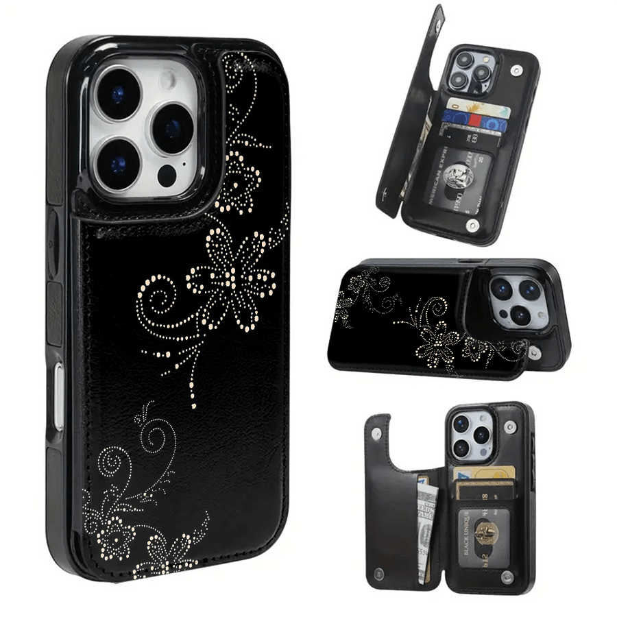Dot-Matrix Floral Pattern Textured Leather Card Holder Phone Case-Compatible With The 17 Pro Max/Air/16/15/14/13/12/11 Series, As Well As The S22/S23/S24/25 Series. An Ideal Gift Choice For Christma