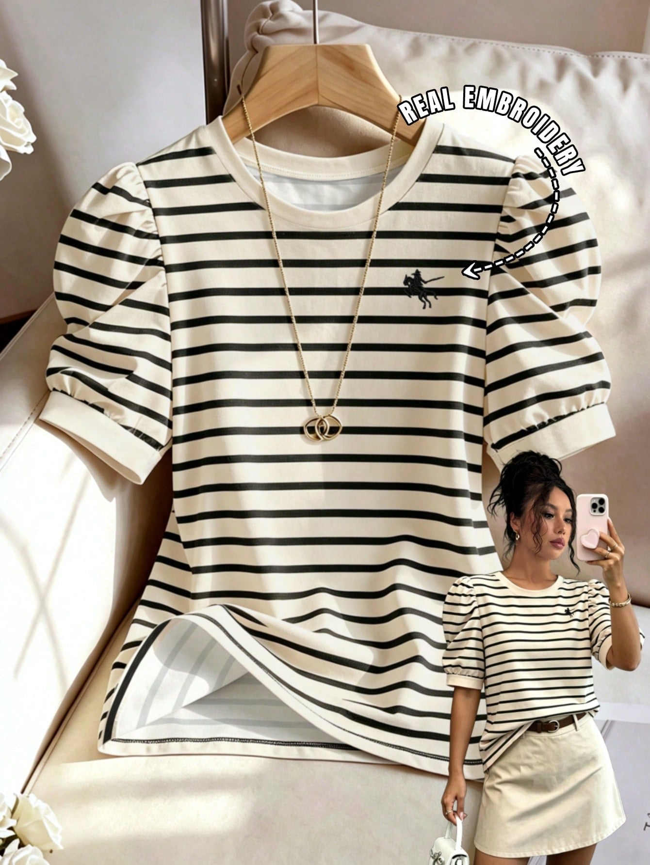 Elenzya Women's Striped Contrast Color Elegant Round Neck Puff Sleeve Top, Round Neck Casual Comfortable Puff Sleeve Short Sleeve T-Shirt, Suitable For Daily Casual Wear