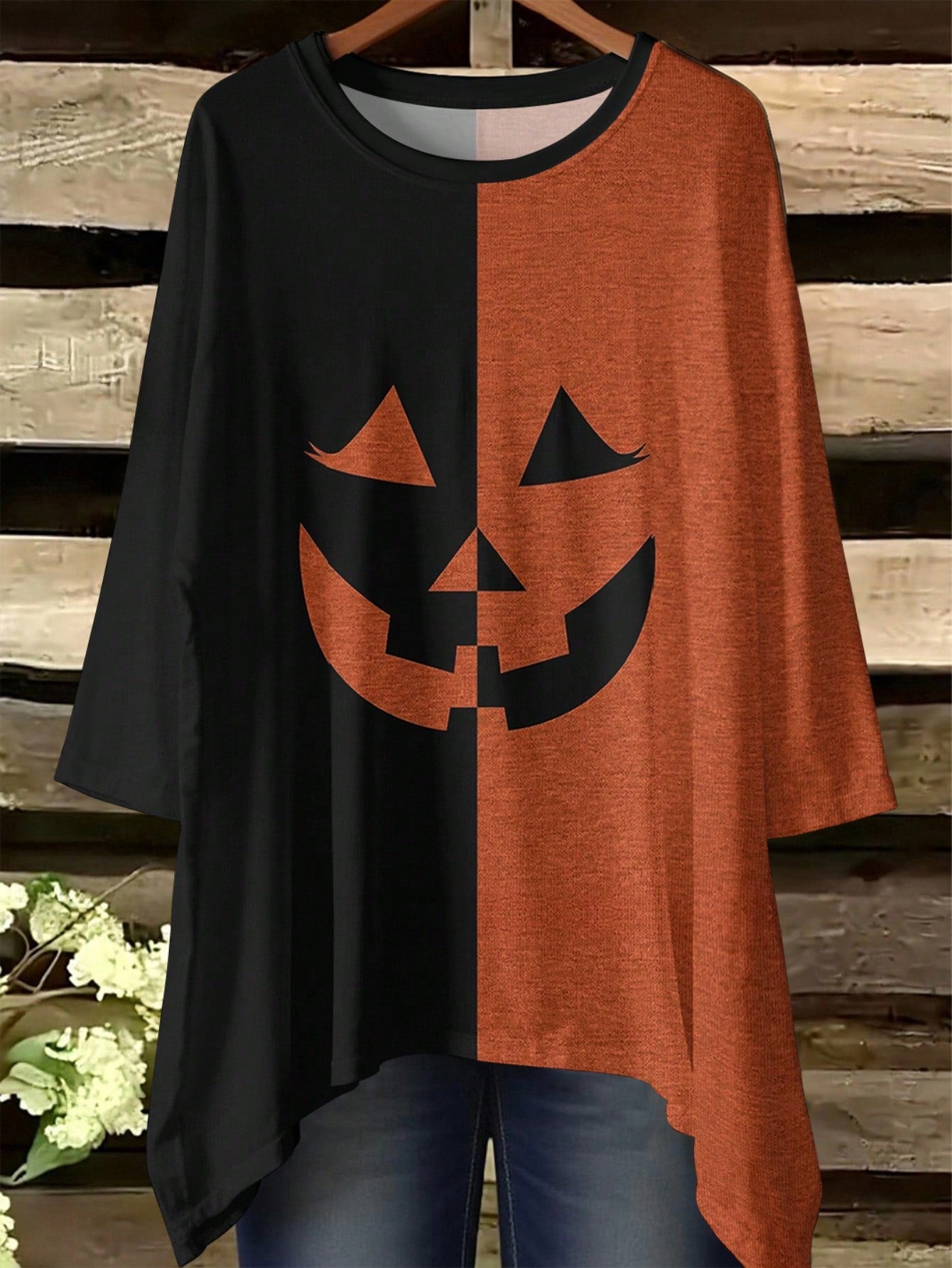 EMERY ROSE Plus Size Women'S Halloween Colorblock Pumpkin Print Round Neck Batwing Sleeve T-Shirt,Spooky Season Women Tops,Autumn Shirts Fall