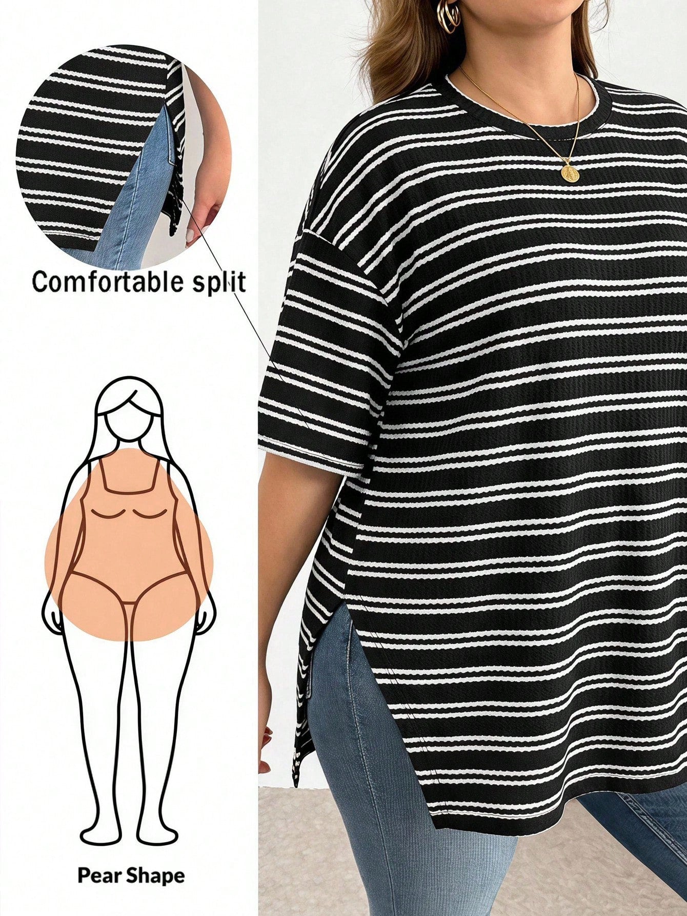 Essnce Plus Size Women Striped Colorblock Casual Versatile Daily Wear T-Shirt