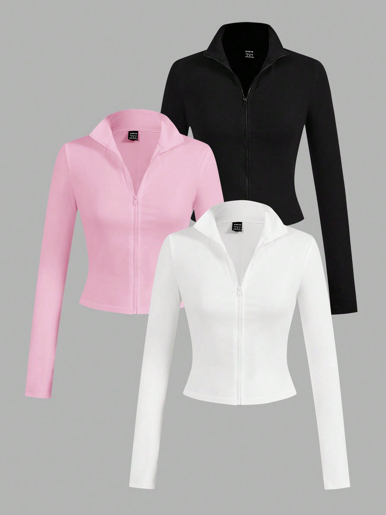 EZwear 3pcs/Set Casual Minimalist White, Black, Pink Knit Zip-Up Long Sleeve T-Shirts For Women Carnival, Summer Outfits, Beach Holiday