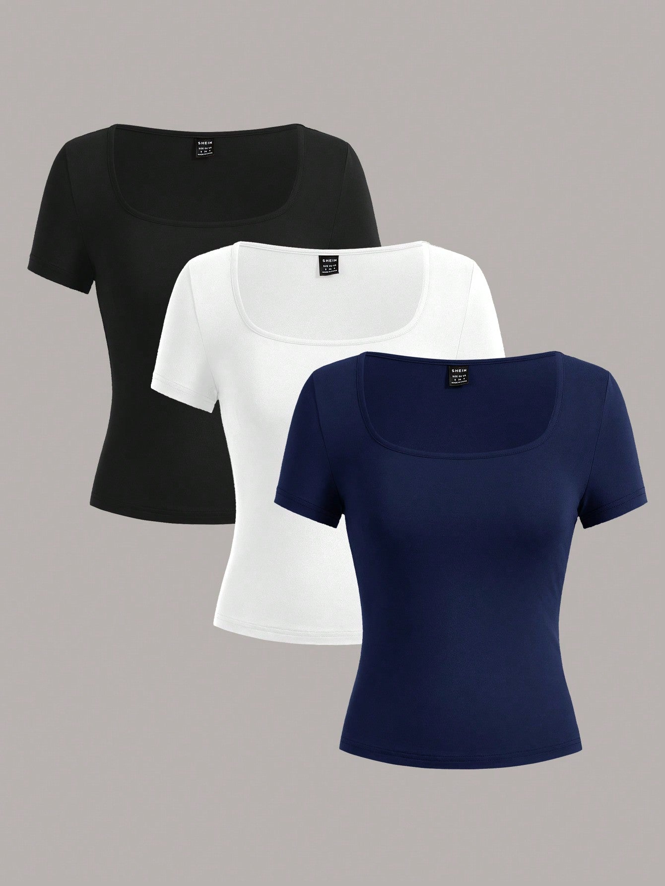 EZwear 3pcs Square Neck Short Sleeve Cropped Casual Solid Color Versatile Fitted Women T-Shirt, All-Match Style, Suitable For Summer Suitable For Going Out