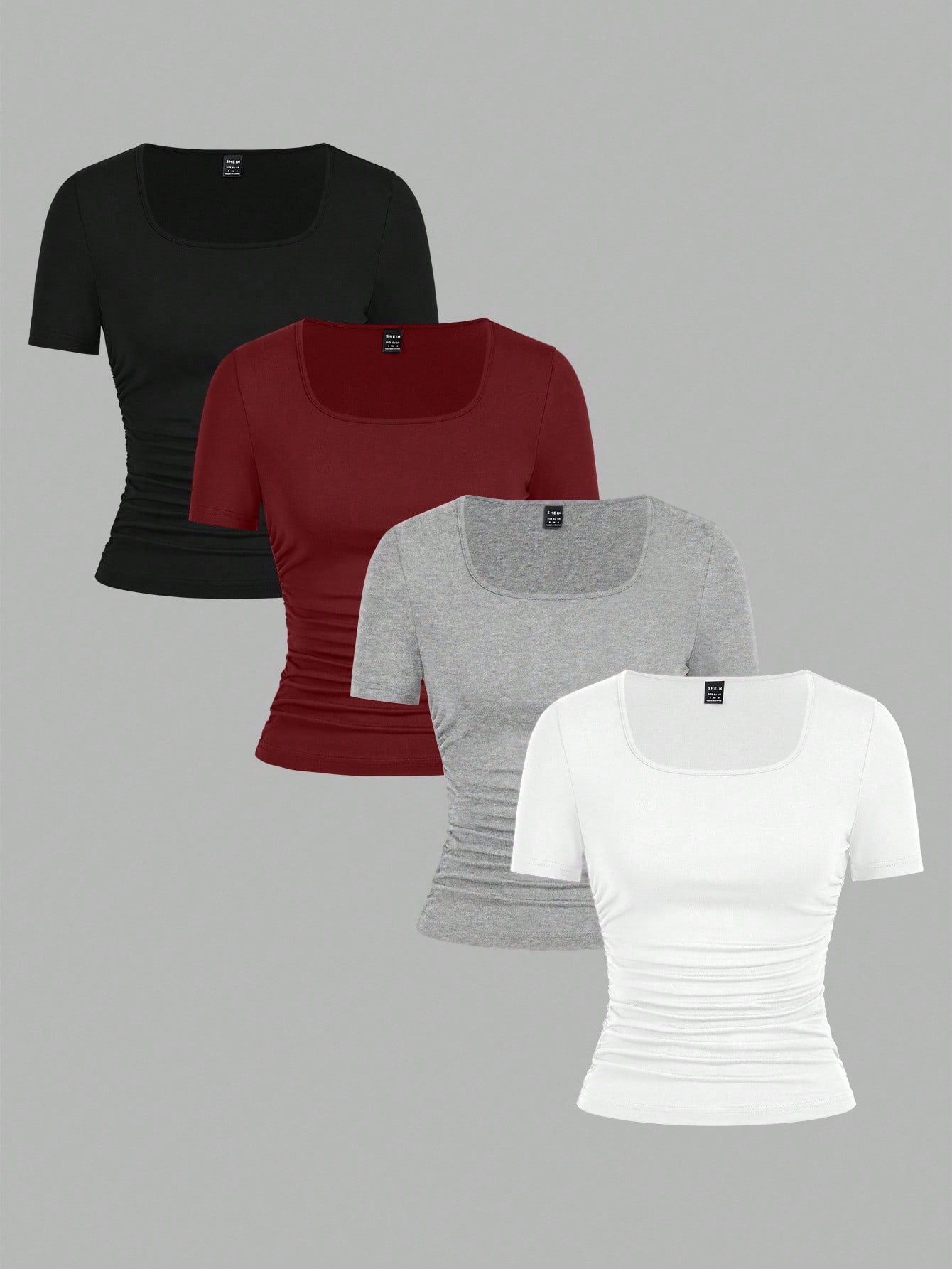 EZwear 4pcs/Set Black, Burgundy, Gray, White Casual Minimalist Solid Color Comfortable Crew Neck Short Sleeve T-Shirts For Women, Suitable For Spring/Summer
