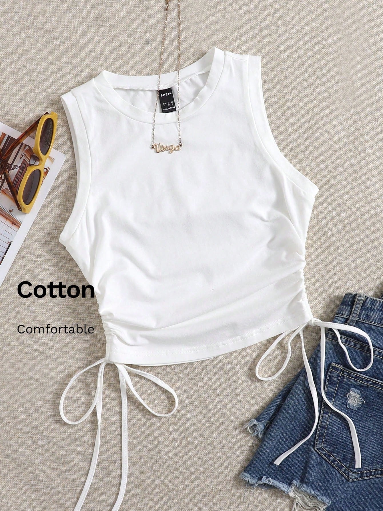 EZwear Drawstring Ruched Side Crop White Summer Outfits Back Tank Top