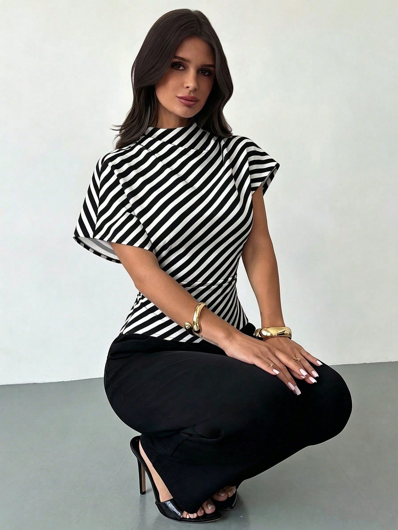 Firerie Elegant Black & White Checkered Diagonal Stripe Ruched Collar Slim Fit Blouse,Summer Office Work Top For Commuting,Vintage Chic Wedding Guest Blouse