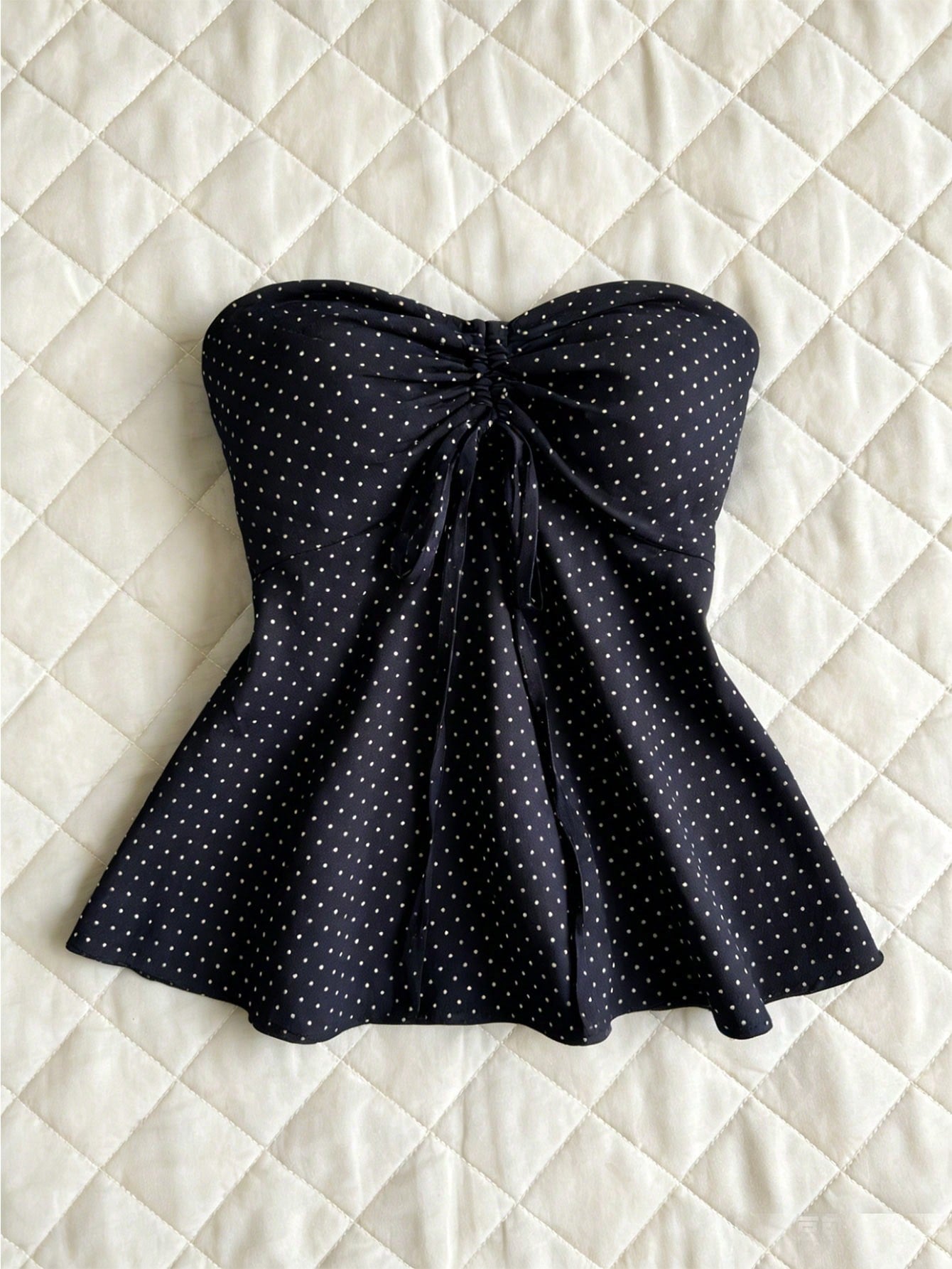 Flirla Women's Black And White Polka Dot Cinched Waist A-Line Camisole Strapless Top,Cute Summer Holiday Bathing Suits Bow Tops For Women