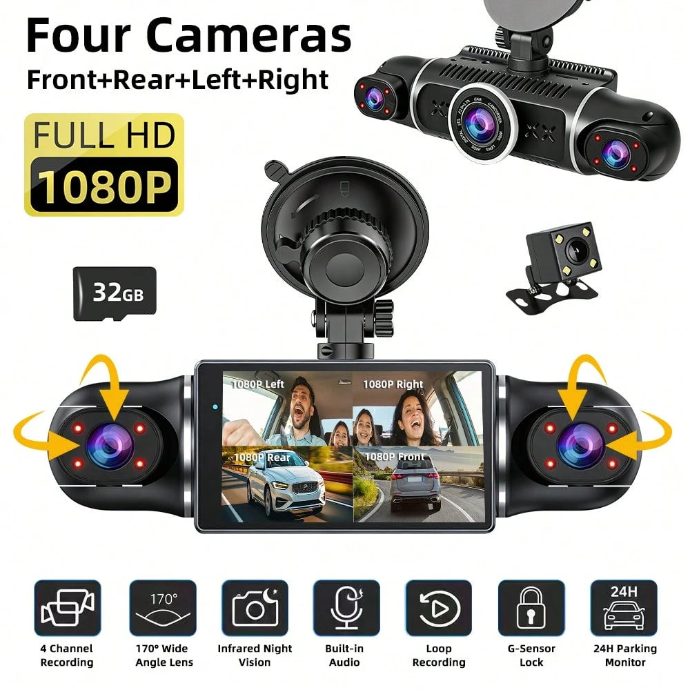 FOXGOD 360° Panoramic Car Dash Cam For Vehicles, FHD 4*1080P Car Driving Recorder With Ajustable Left And Right Lens, Built-In Wifi, Wifi Connection, Audio Recording, Superior Night Vision, Motion D