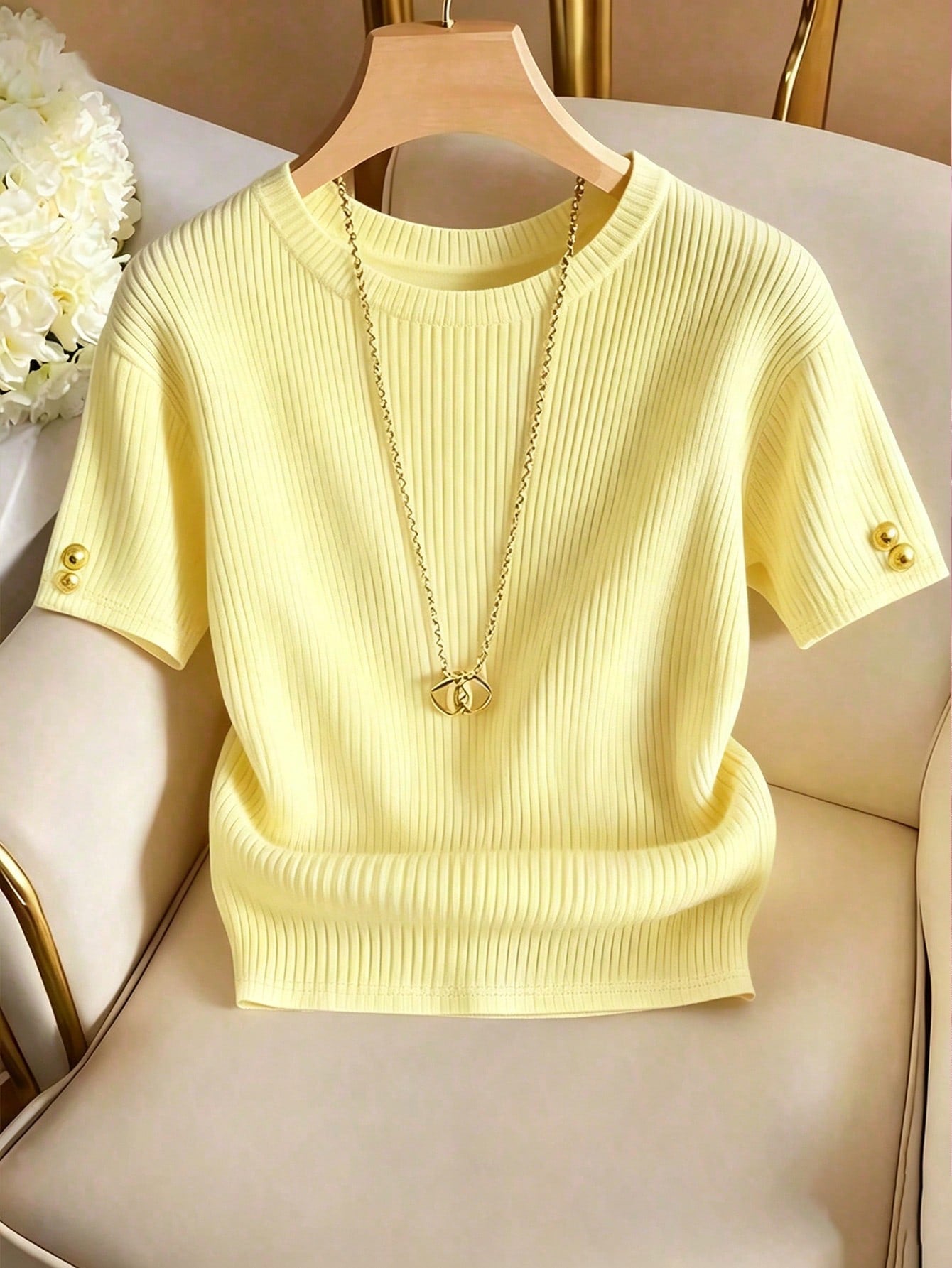 Franclia Elegant Round Neck Knit T-Shirt, Minimalist Fashion Knit T-Shirt, New Arrival Summer